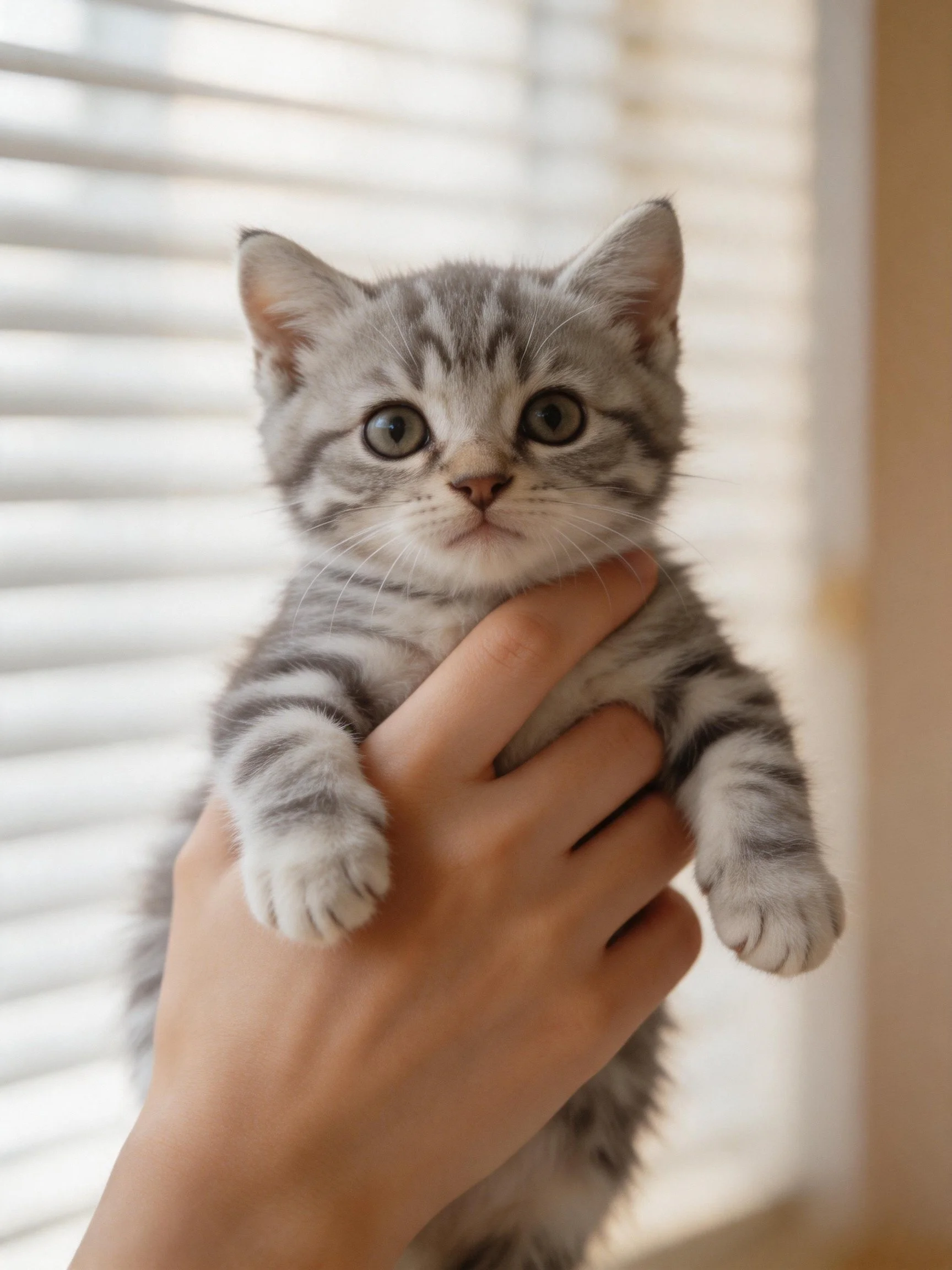 A small gray and white tabby kitten held in a hand near window blinds