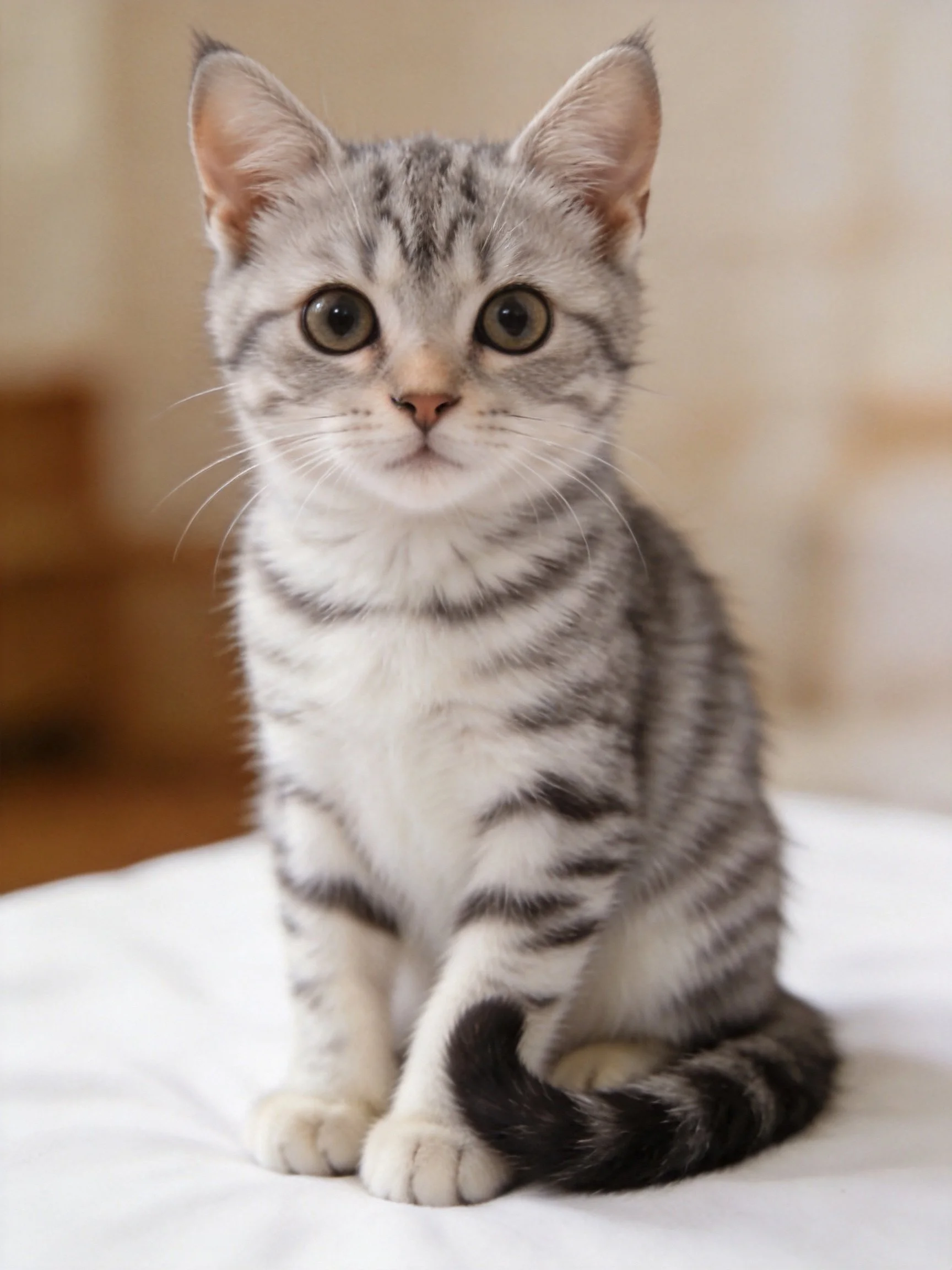 A gray and white tabby kitten sits calmly on a white surface.