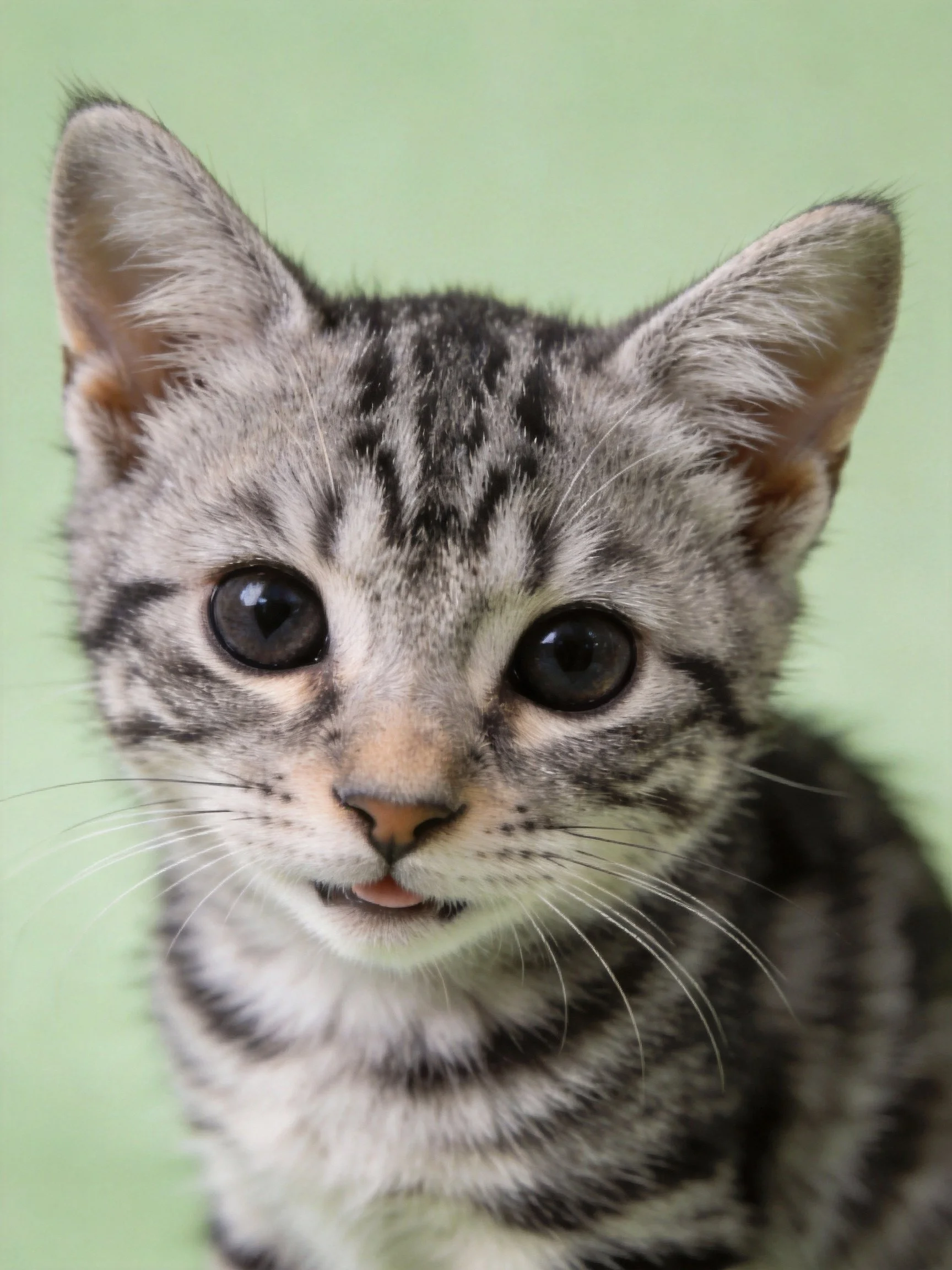 A small gray-black tabby kitten with big eyes on a green backdrop
