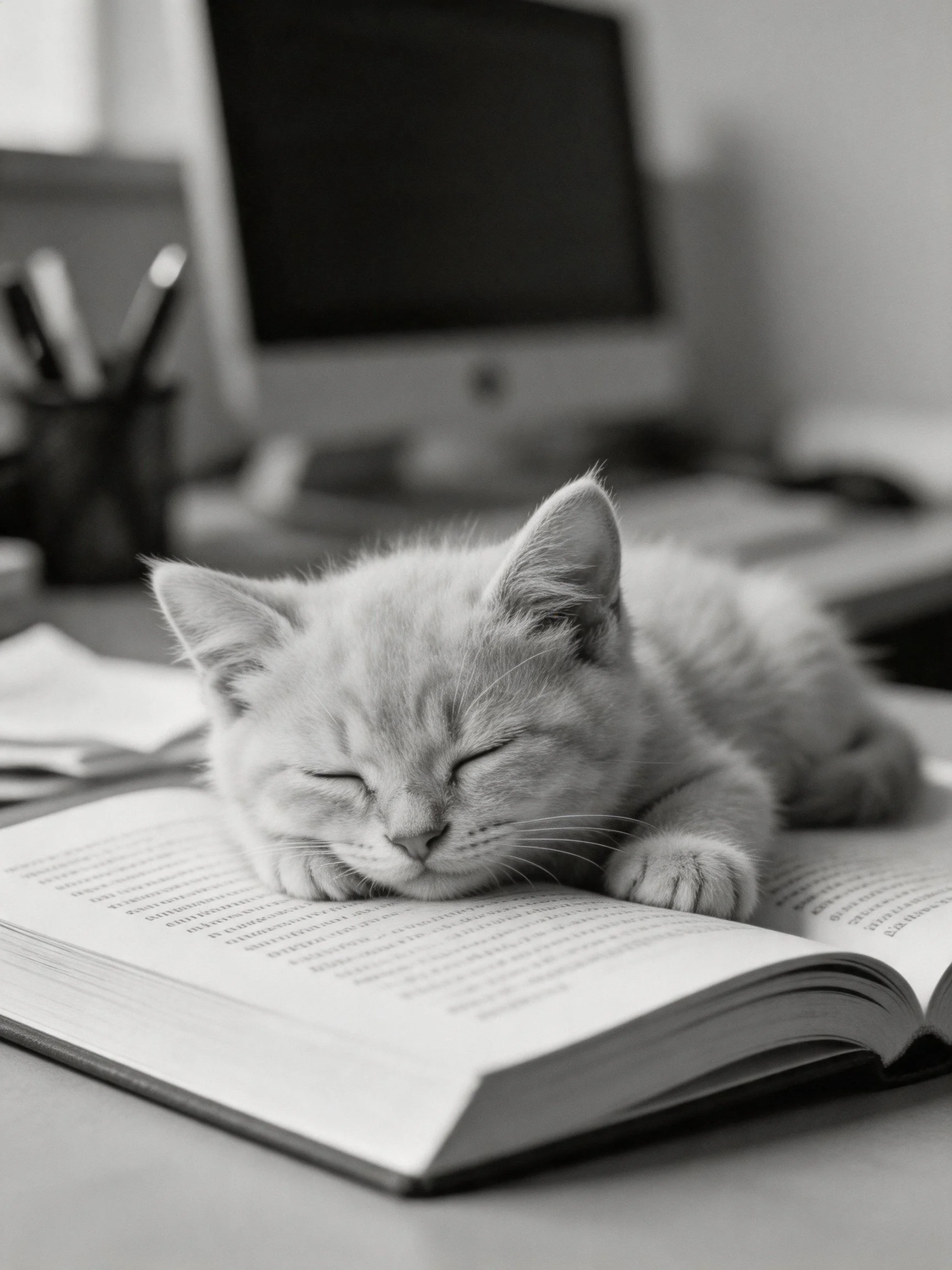 A small gray kitten naps on an open book near a computer monitor