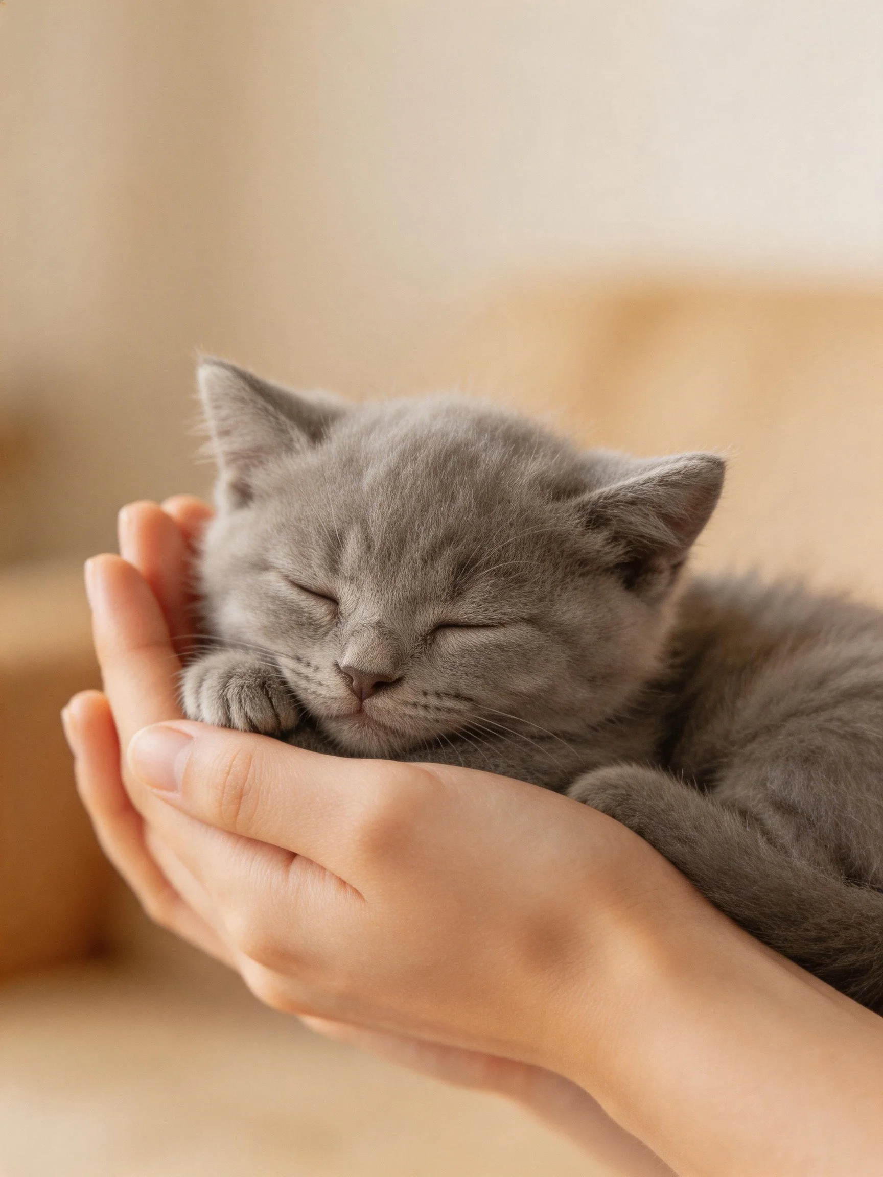 A gray kitten sleeps peacefully in someones hands.