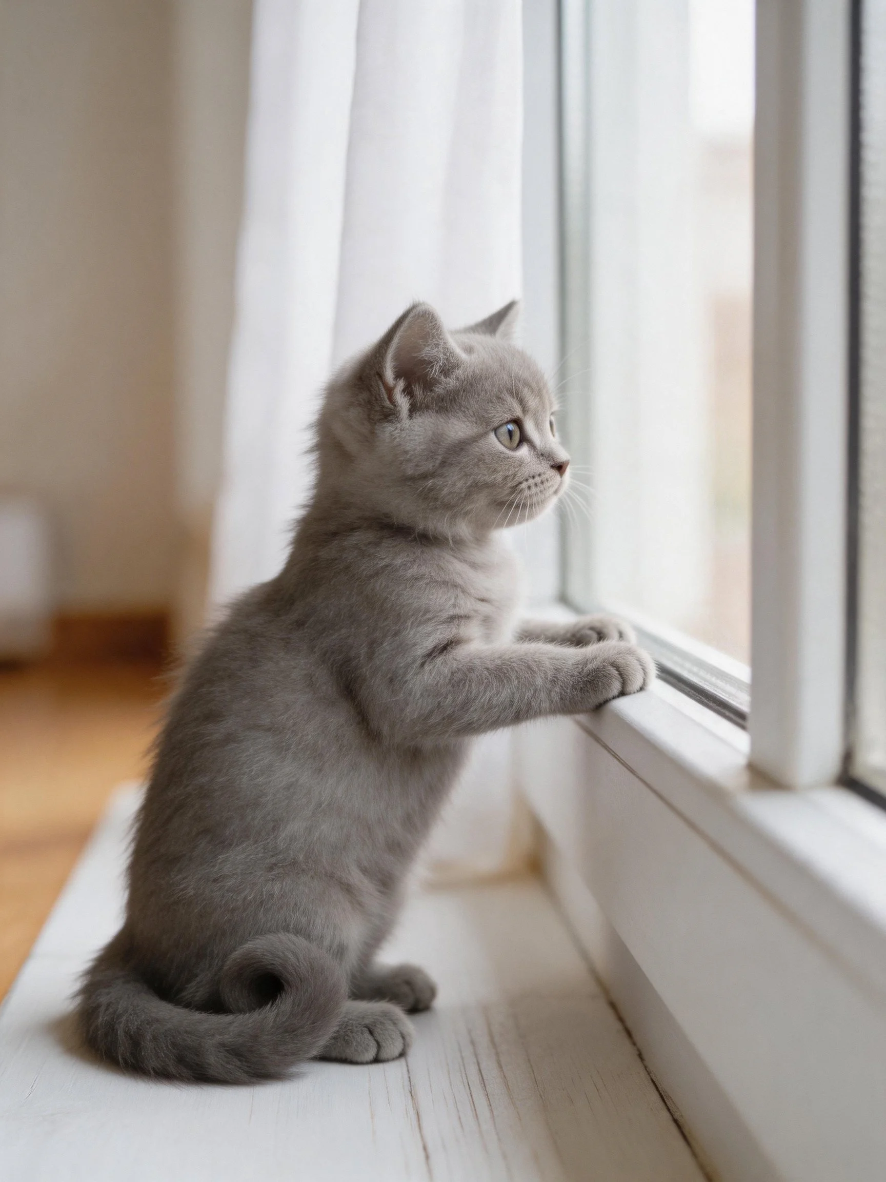 A small gray kitten peers out from a bright window ledge.