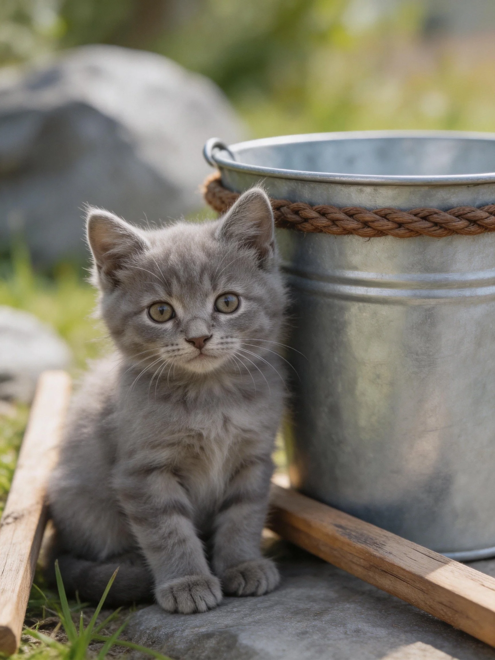 A gray kitten sits near a metal bucket outdoors