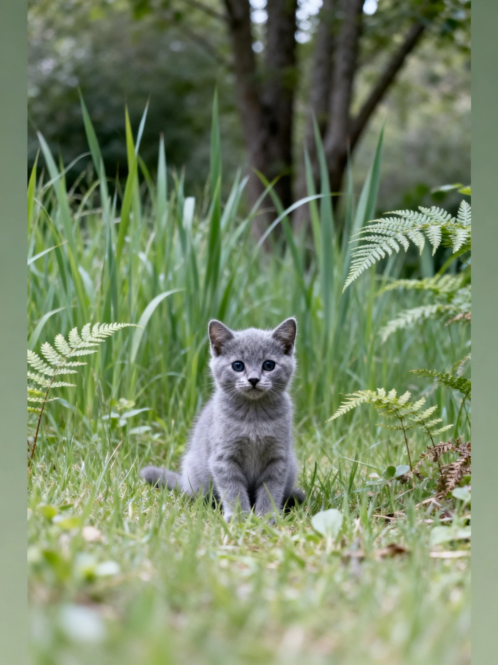 A small gray kitten sits calmly in a lush green outdoor setting with plants and trees