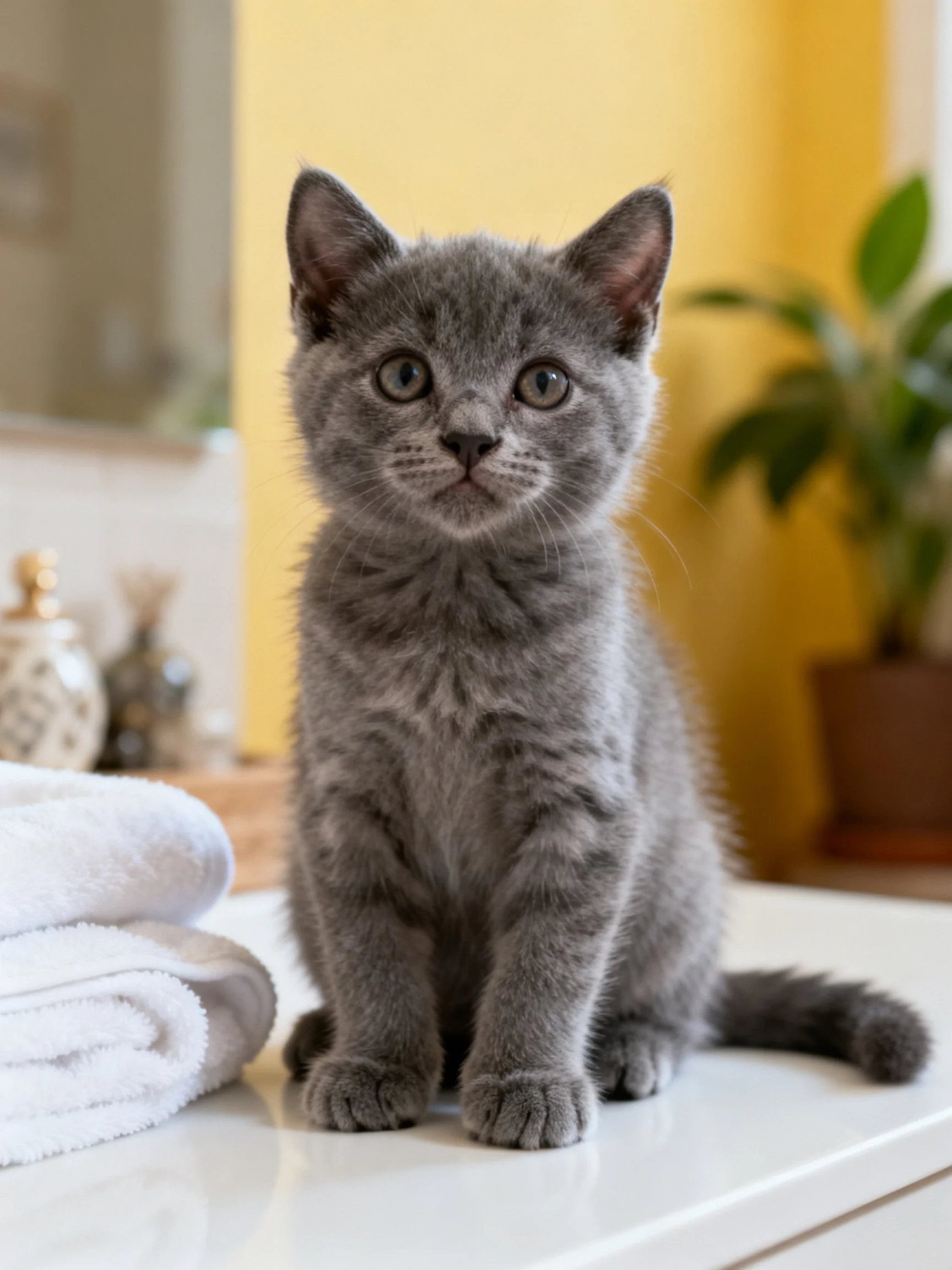 A small gray kitten sits on a white surface near towels in a bright room.