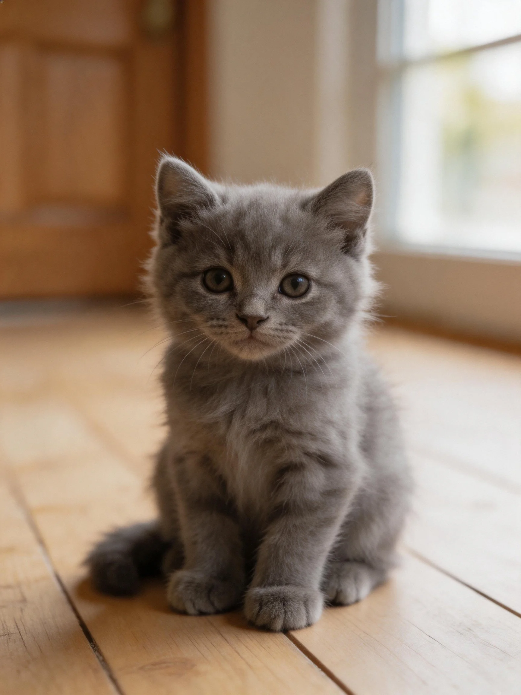 A small gray kitten sits calmly on a wooden floor indoors.