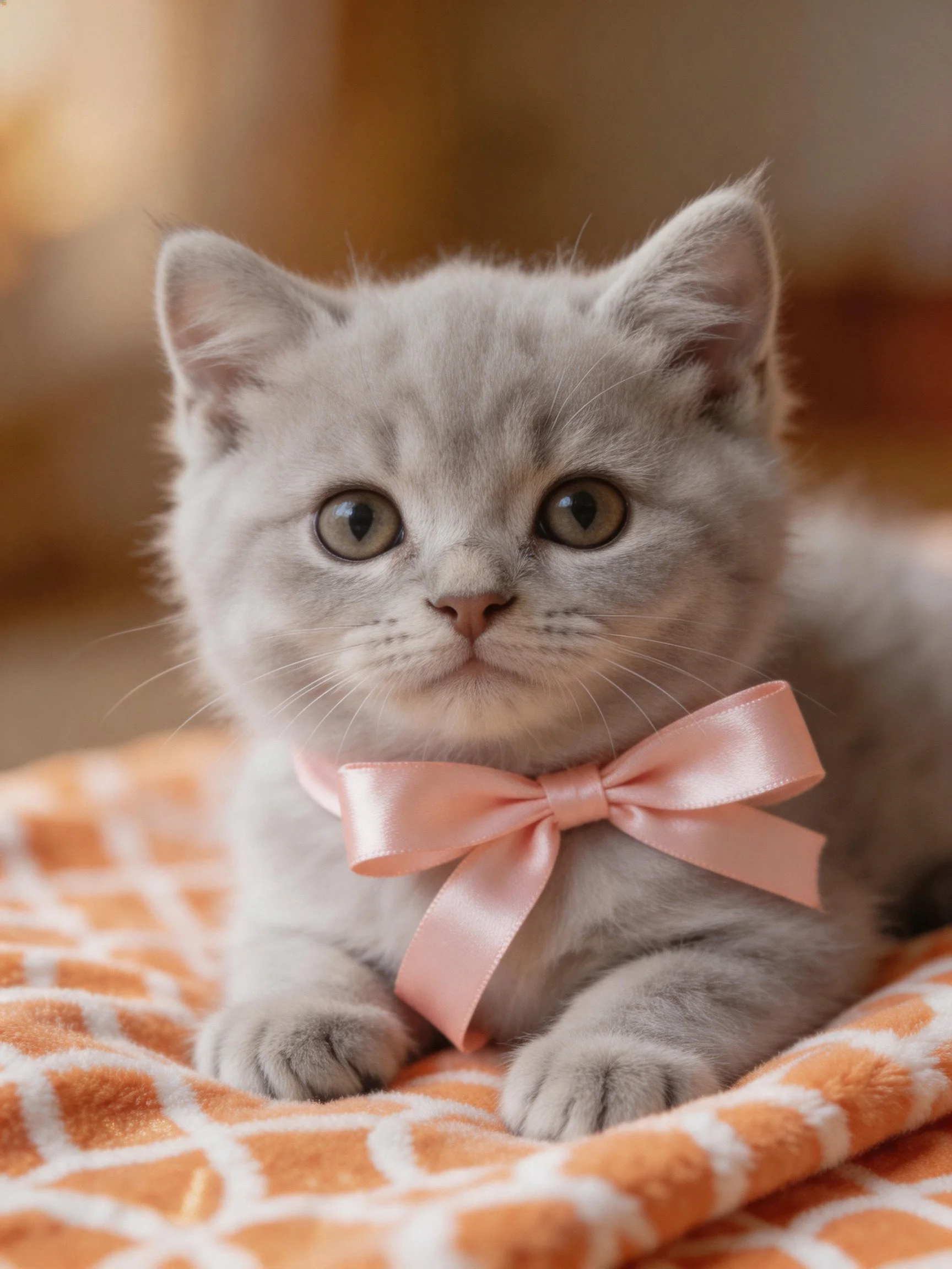 A small gray kitten wearing a pink bow rests on an orange-patterned fabric.