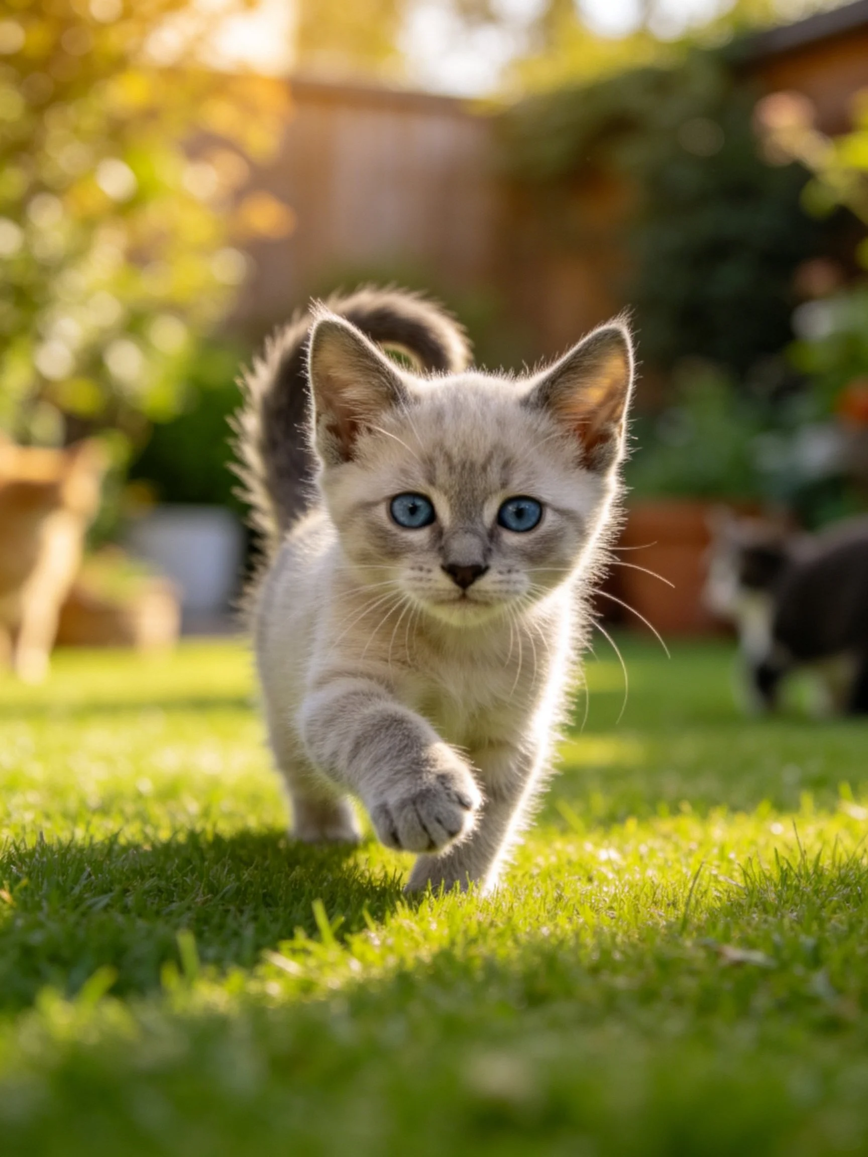 A small gray kitten with blue eyes approaches the viewer on green grass.