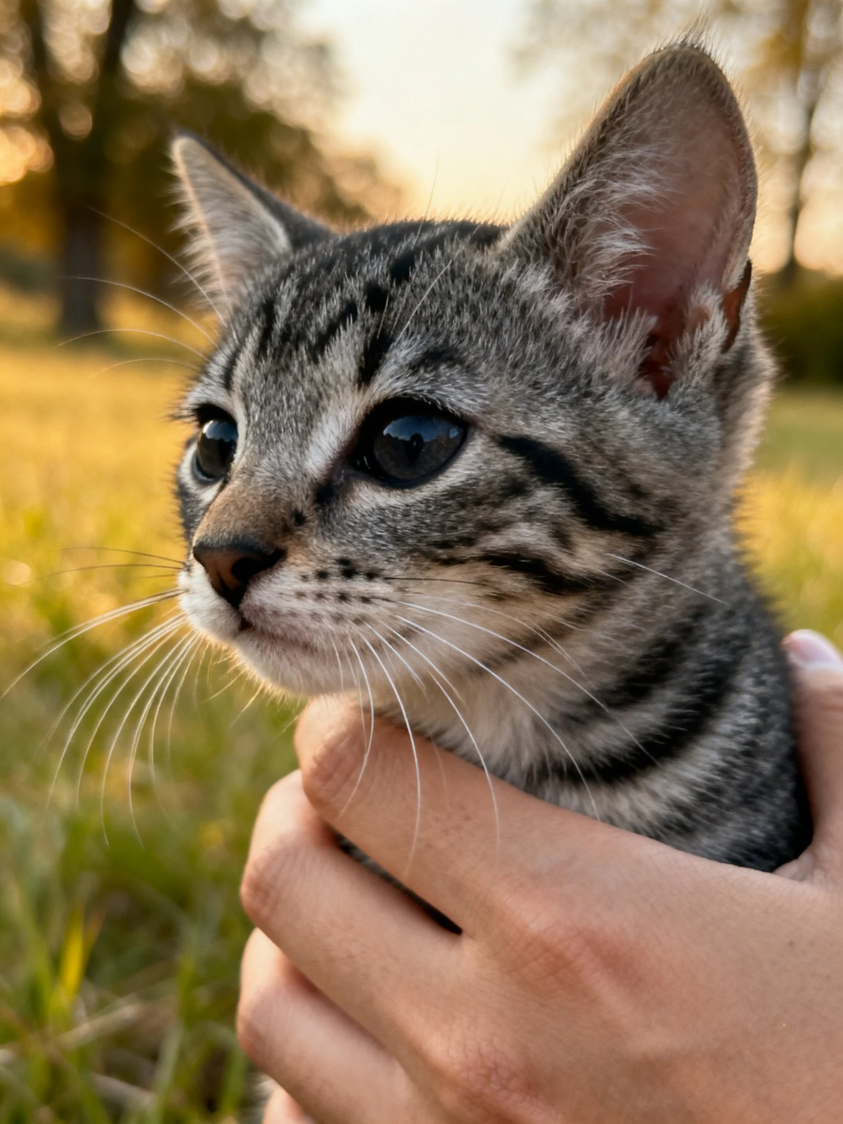 A small gray tabby kitten is gently held in a sunlit outdoor setting.