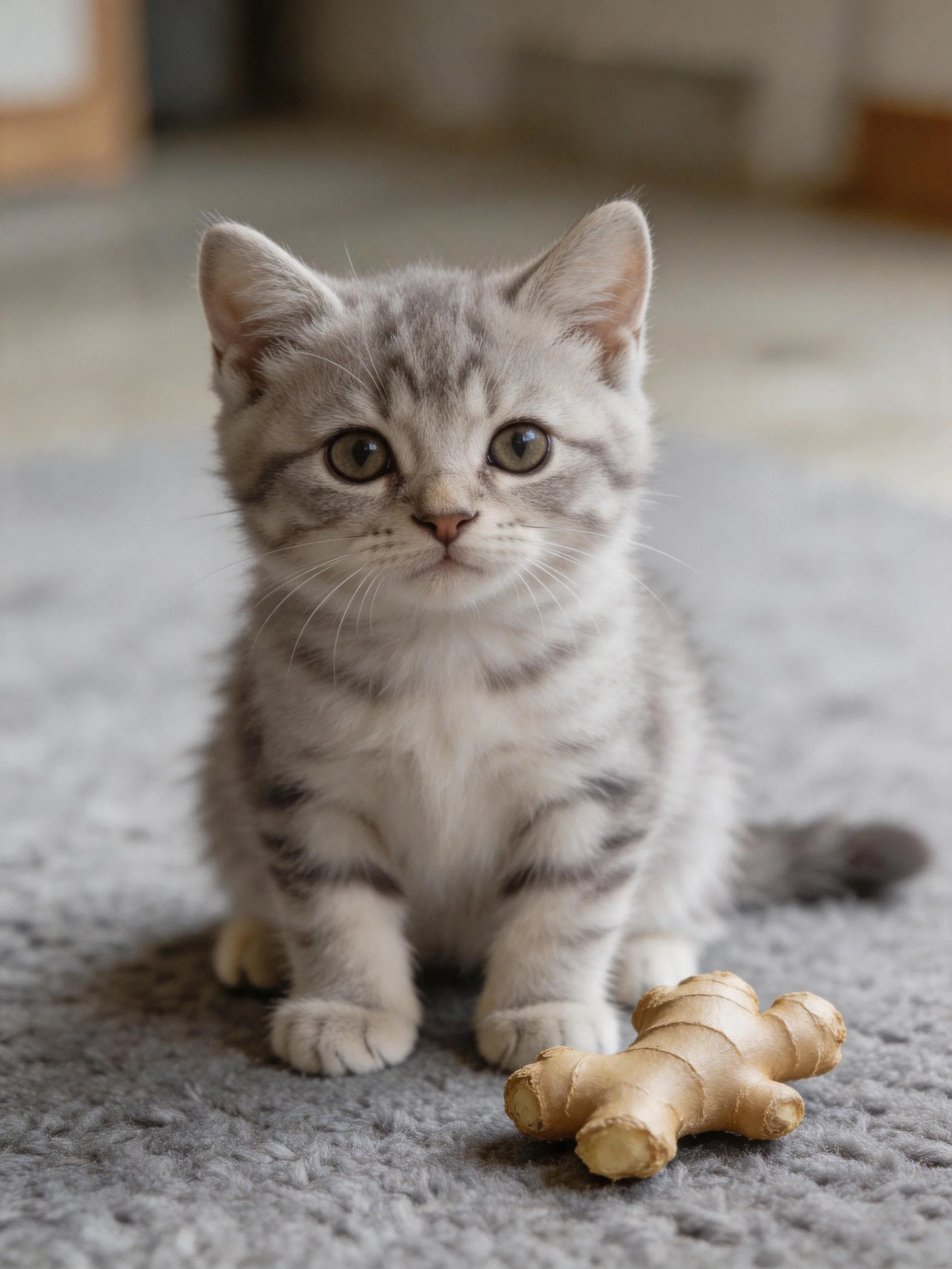A small gray tabby kitten sits near a ginger - shaped object on a soft surface