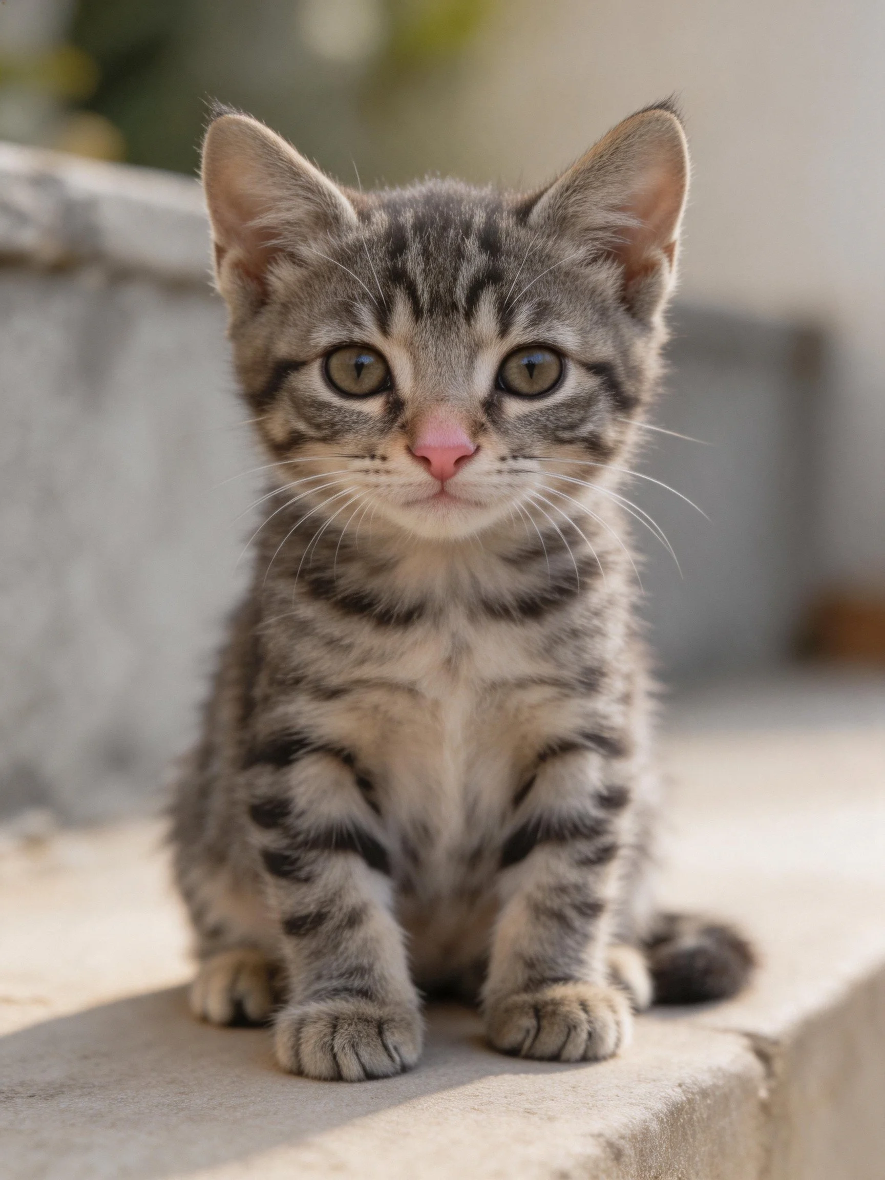 A small gray tabby kitten sits on a concrete ledge