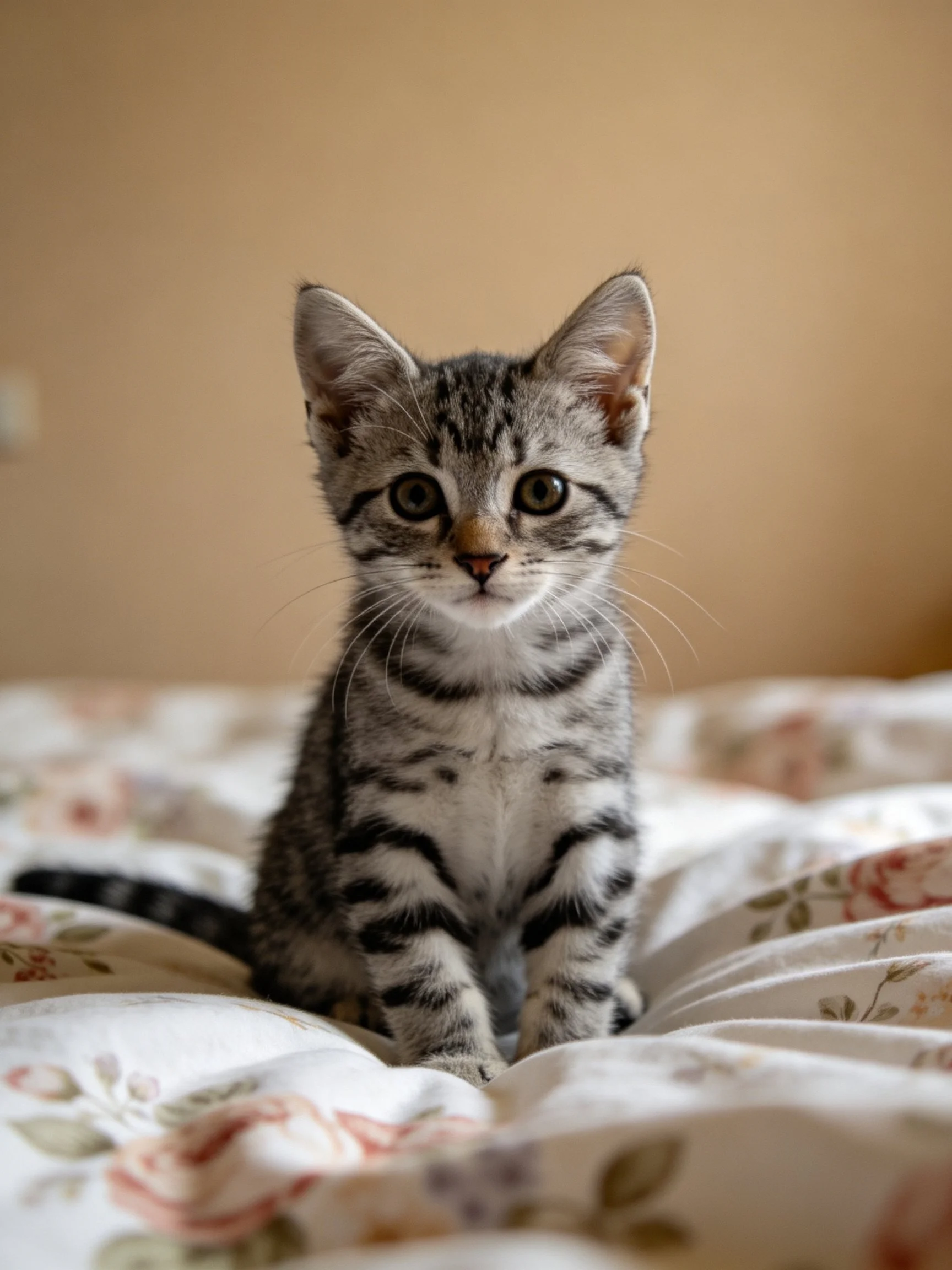 A small gray tabby kitten sits calmly on a floral-patterned surface.