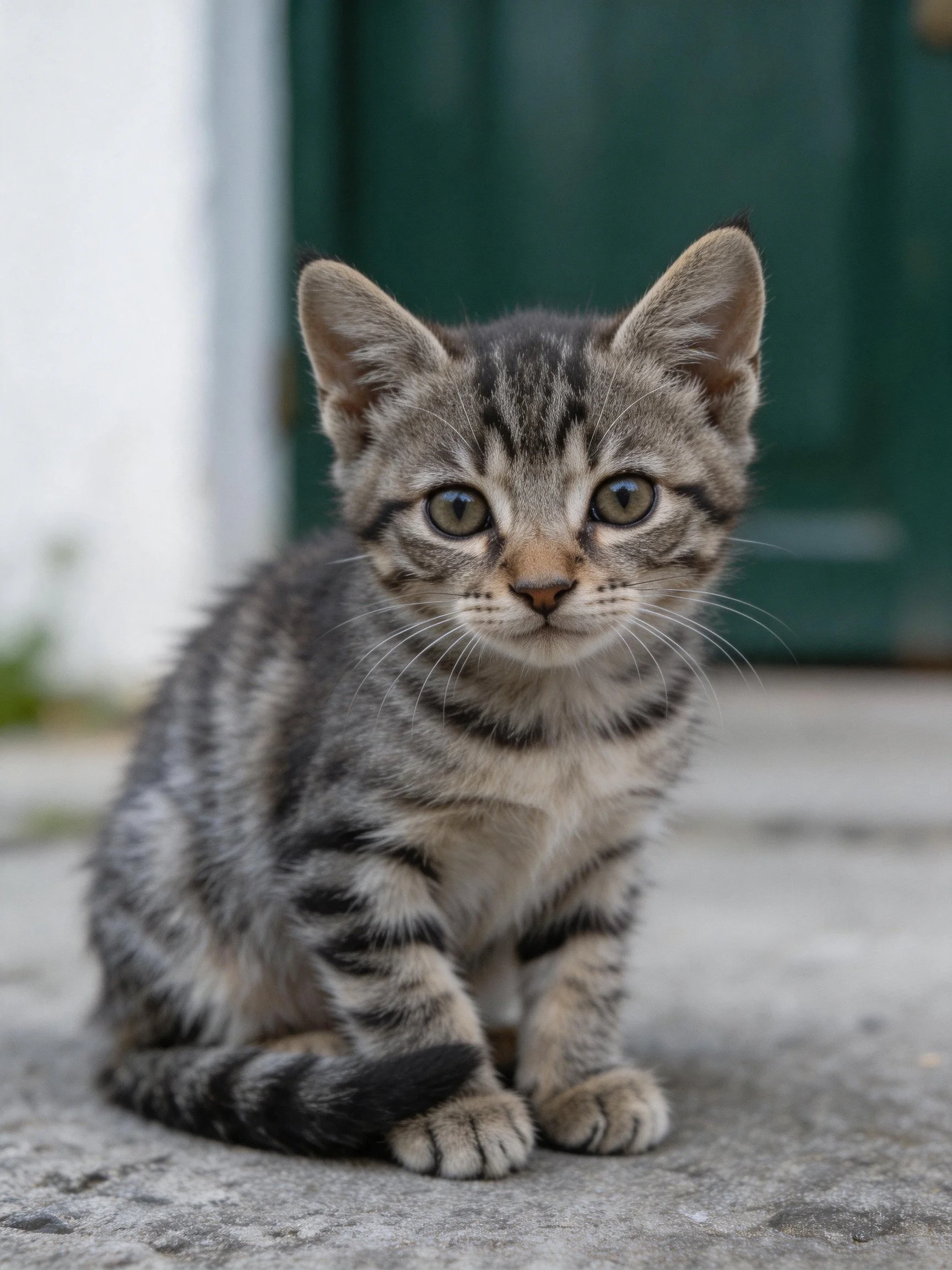 A small gray tabby kitten sits calmly on concrete outside a building.