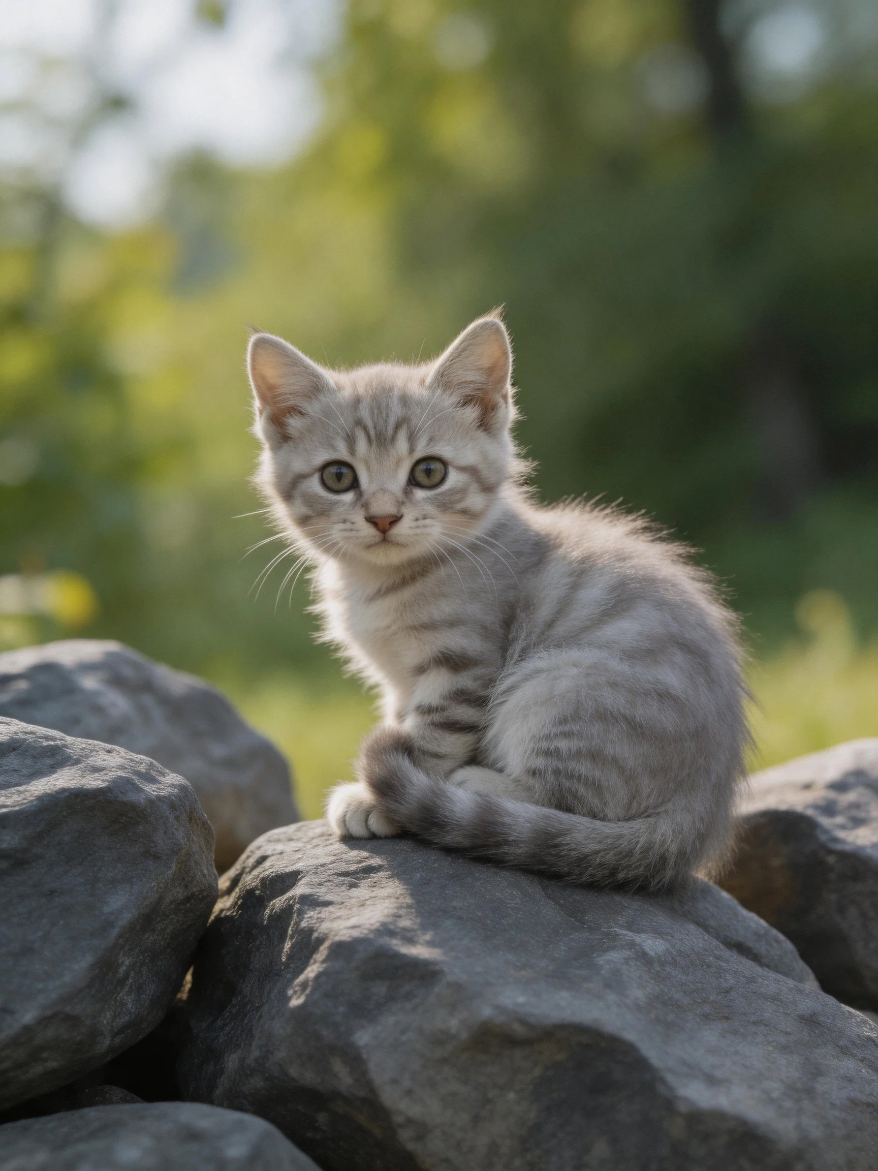 A small gray tabby kitten rests on rocks in a sunlit natural setting.