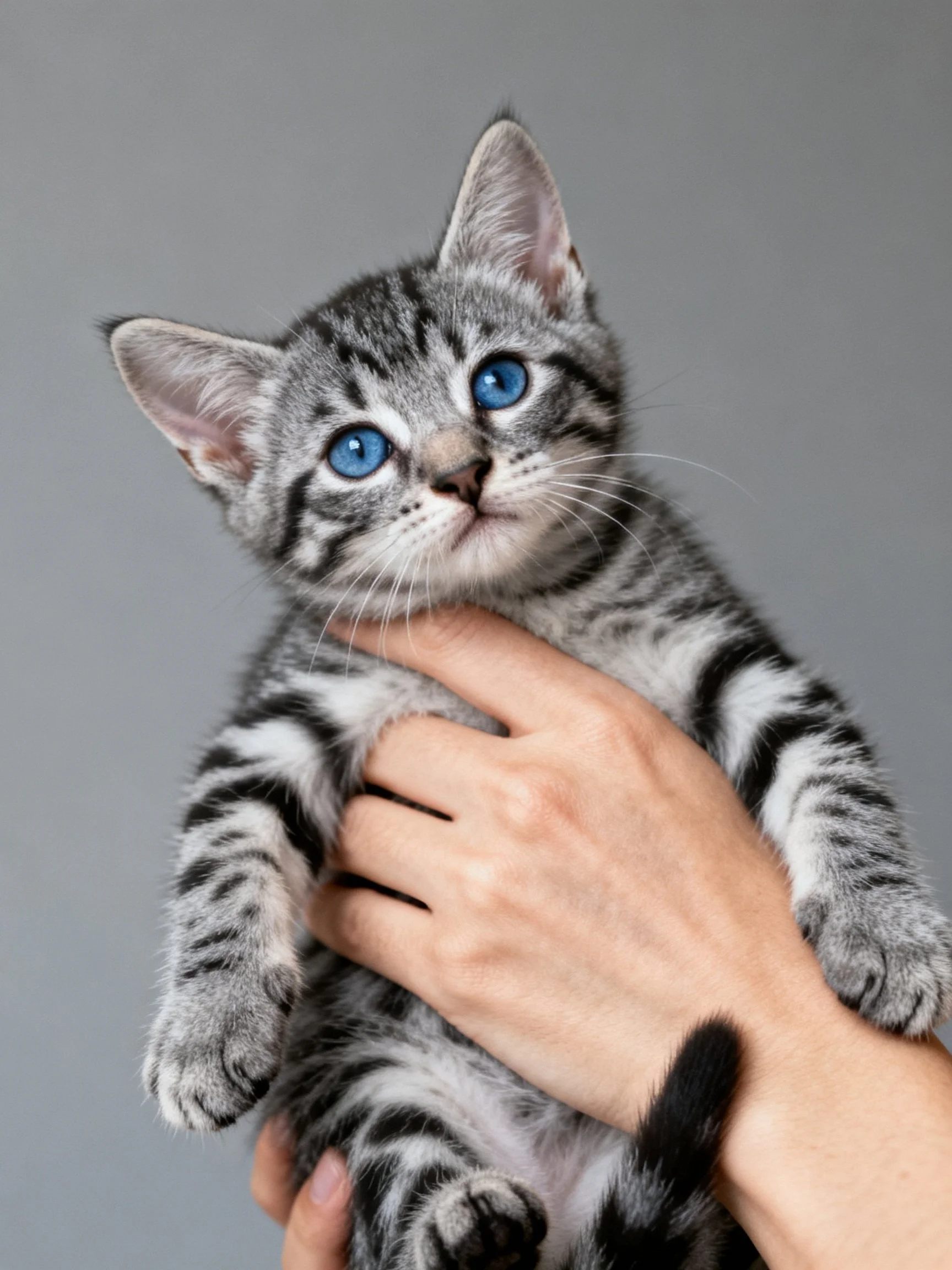 A small gray tabby kitten with bright blue eyes is gently held in a persons hand.