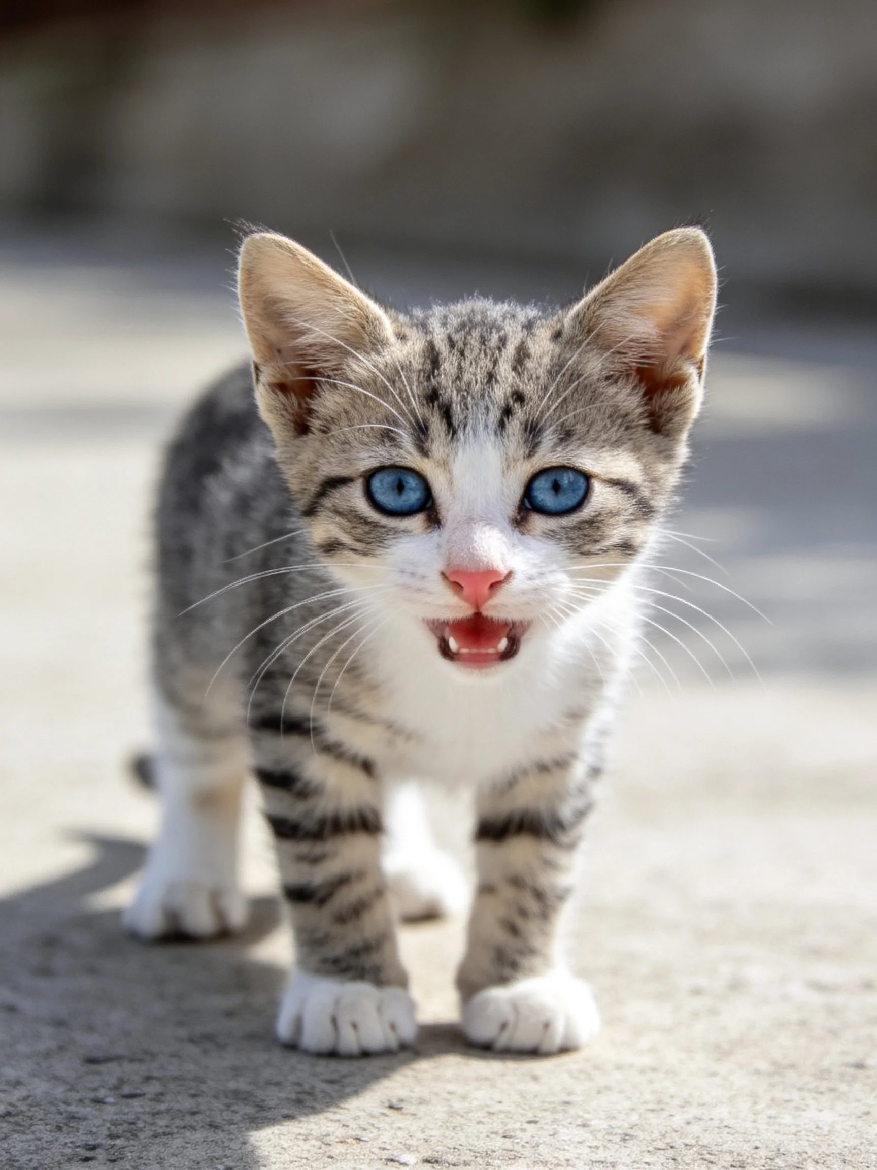 A small gray tabby kitten with bright blue eyes stands on smooth concrete.