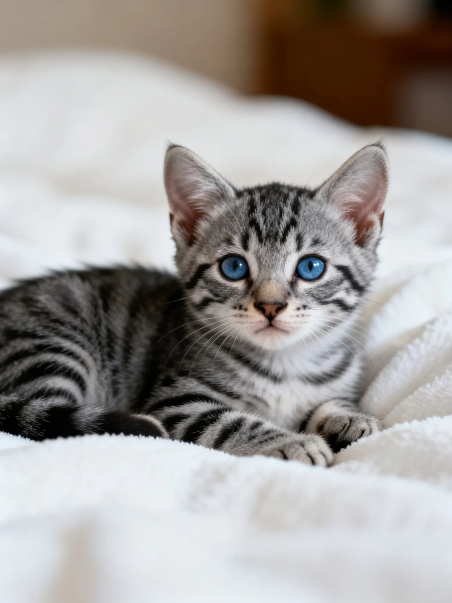 A gray tabby kitten with striking blue eyes lies on a soft white blanket.