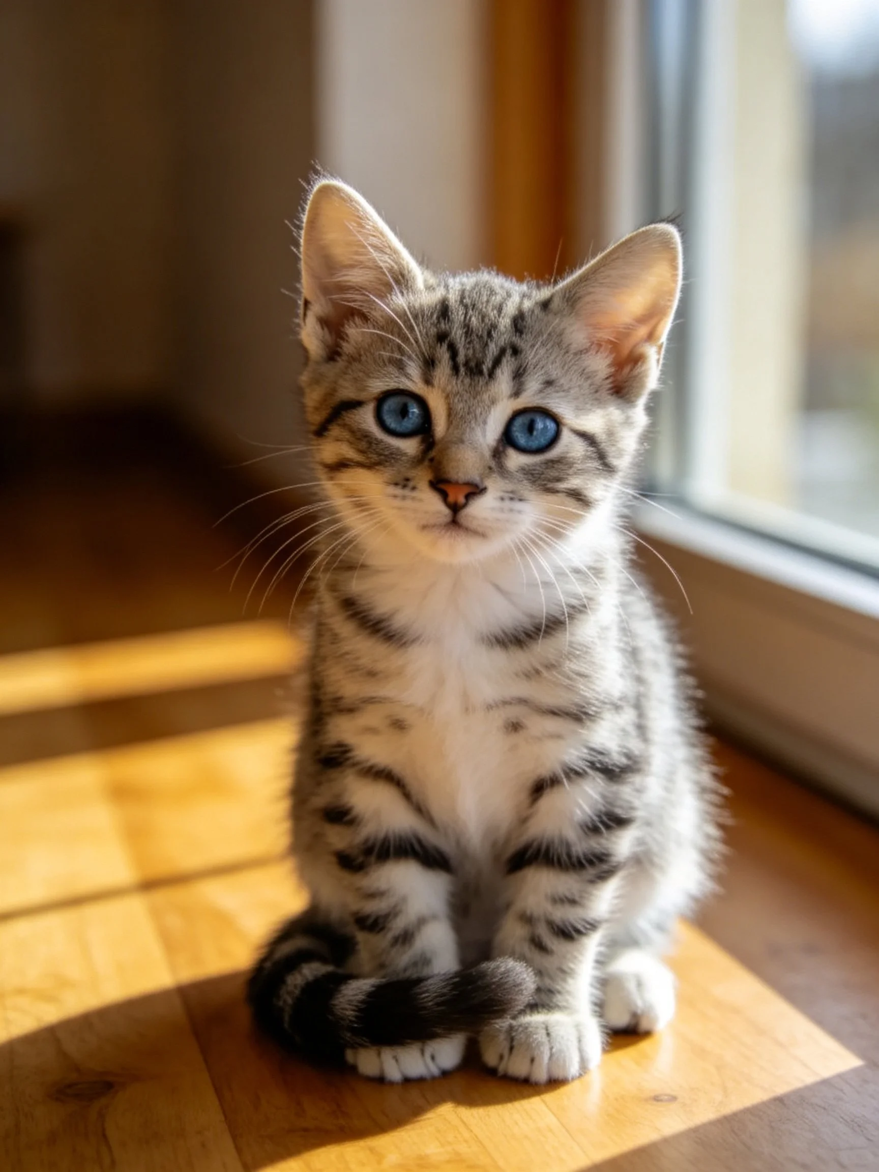 A small gray tabby kitten with blue eyes sits near a sunlit window.