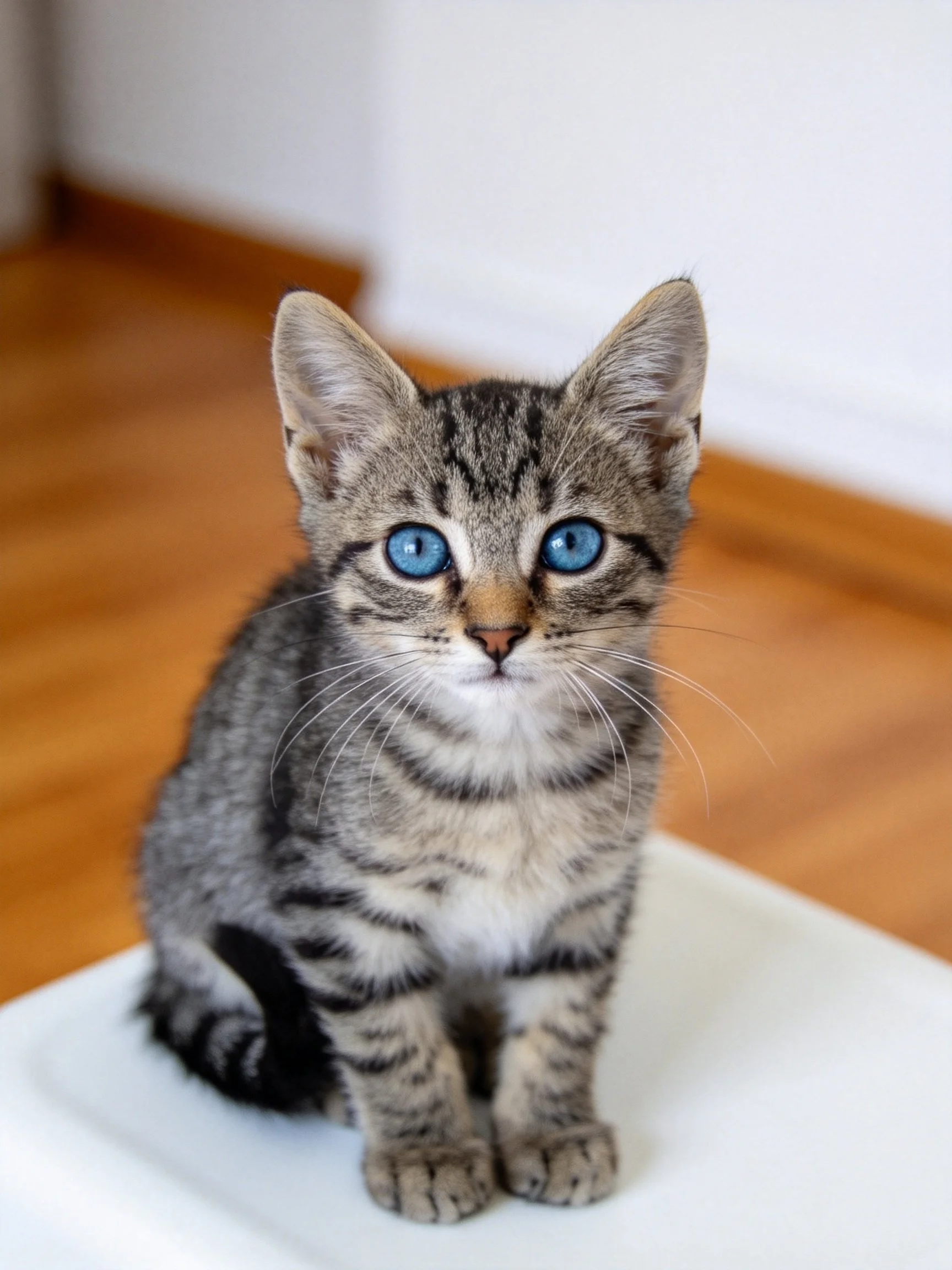 A small gray tabby kitten with bright blue eyes sits on a white surface in an indoor setting.