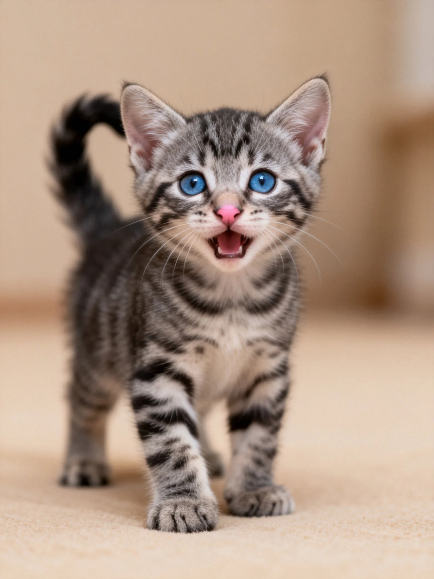 A small gray tabby kitten with bright blue eyes moves forward on a neutral surface.