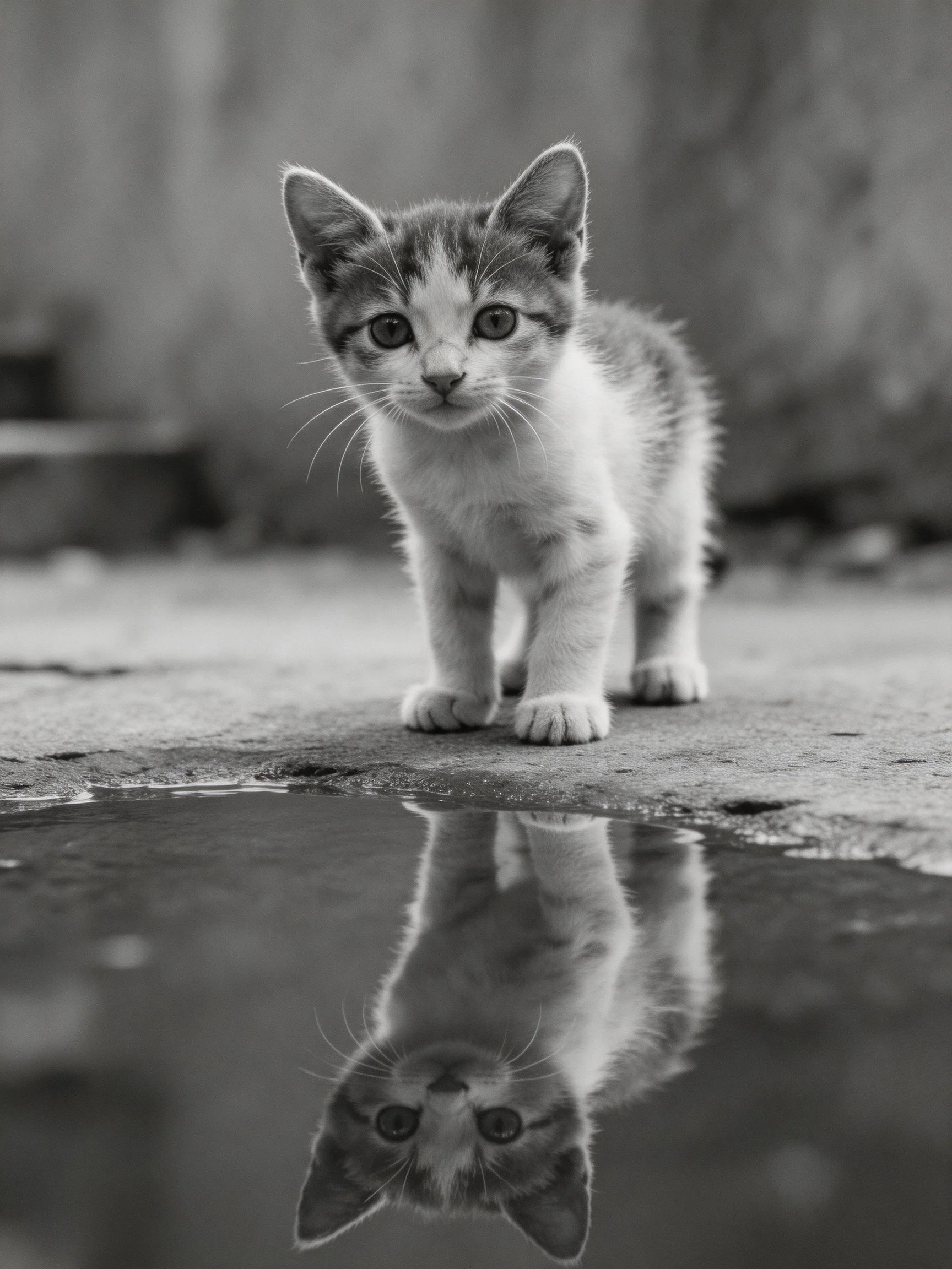 A small kitten stands beside a reflective puddle in grayscale
