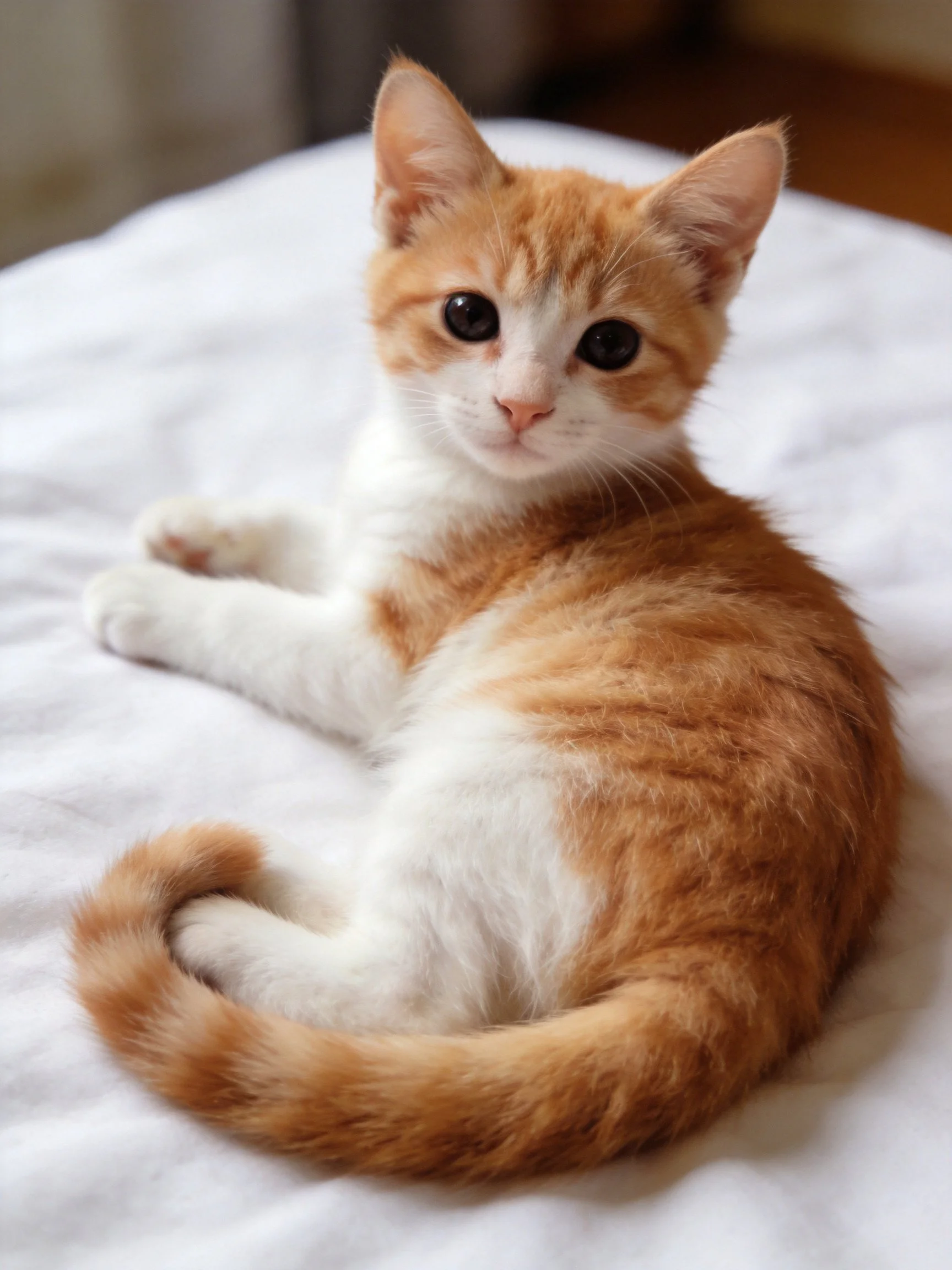 A small orange and white kitten lounges on a white bed.