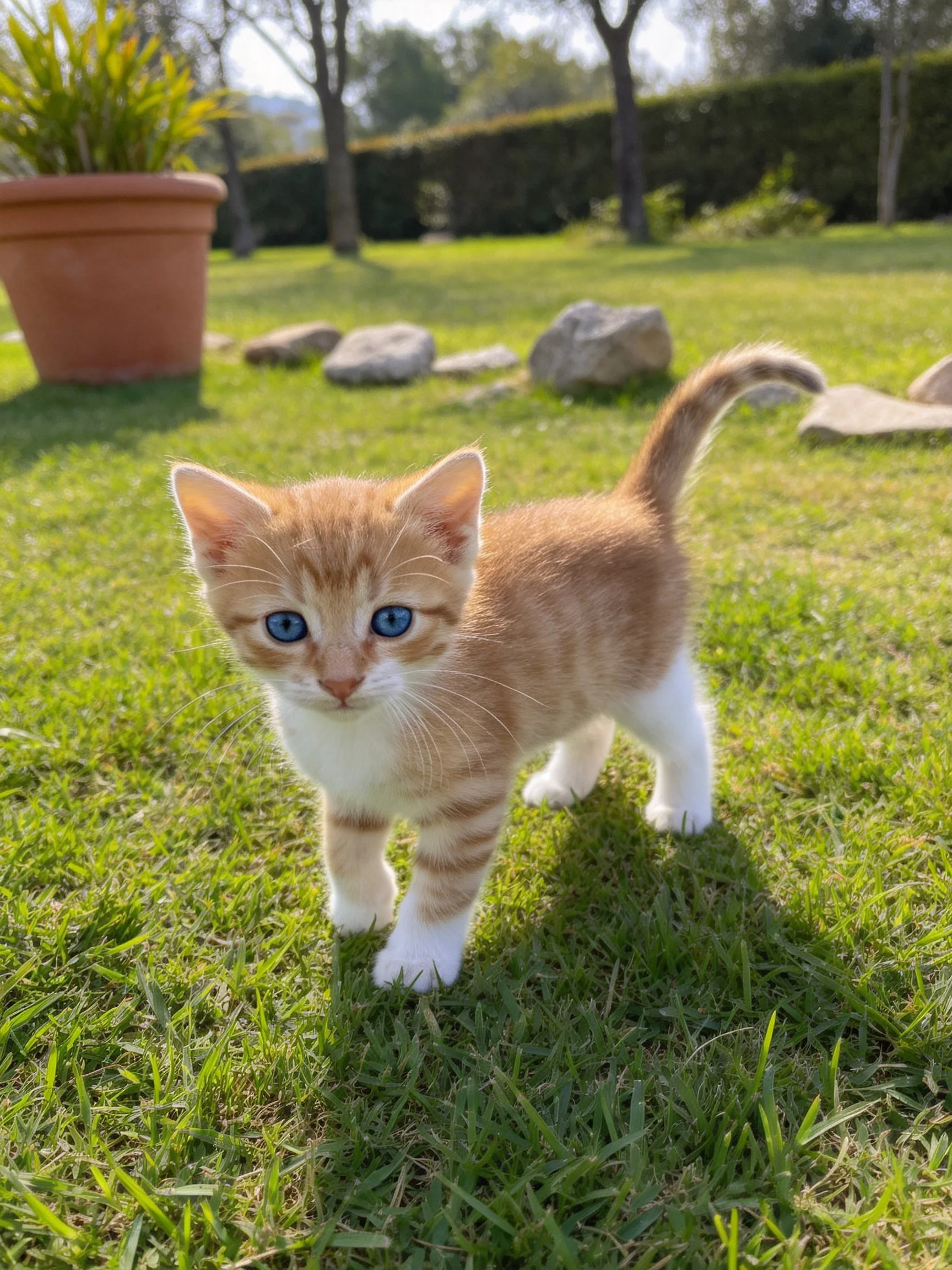 A small orange and white kitten stands on green grass in a sunny garden.