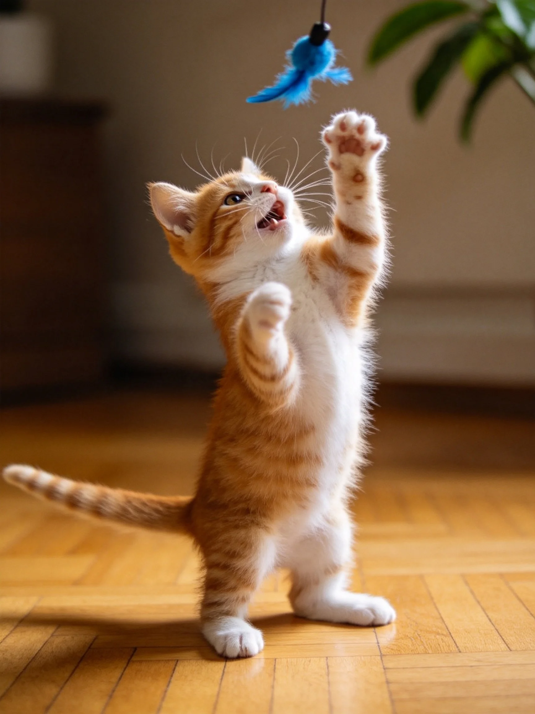 A small orange and white kitten stands on hind legs to reach a blue feather toy.