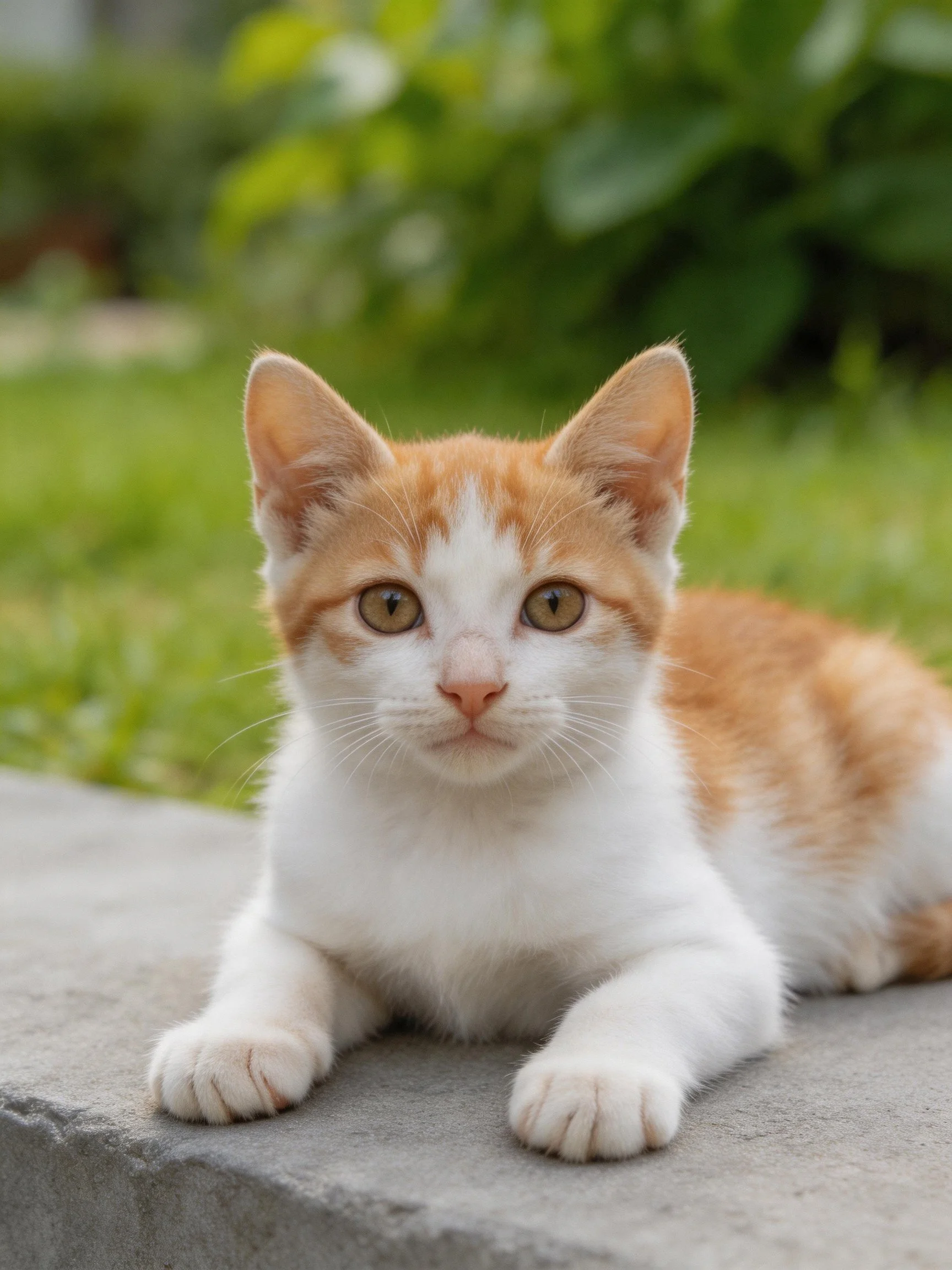 A young orange and white kitten rests on a gray stone ledge in an outdoor area.