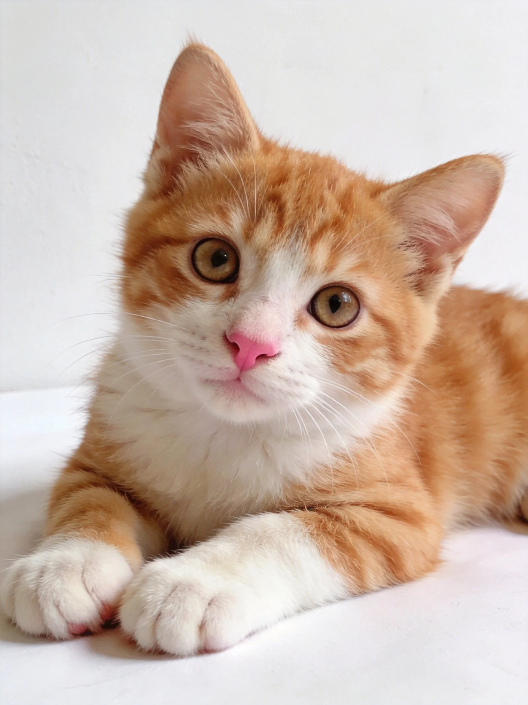 A small orange and white kitten resting on a white surface