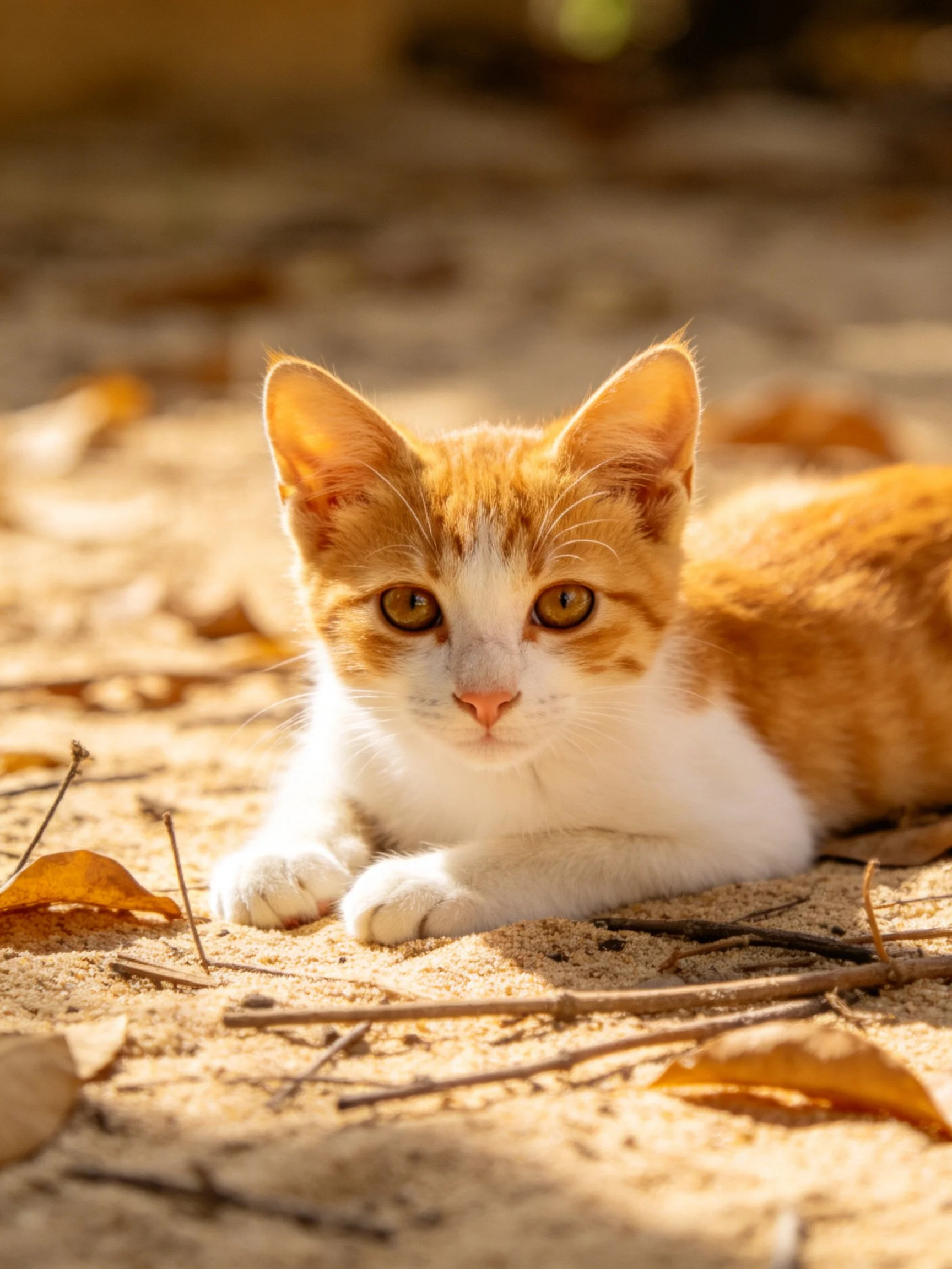 An orange and white kitten lies calmly on sandy ground surrounded by dry leaves