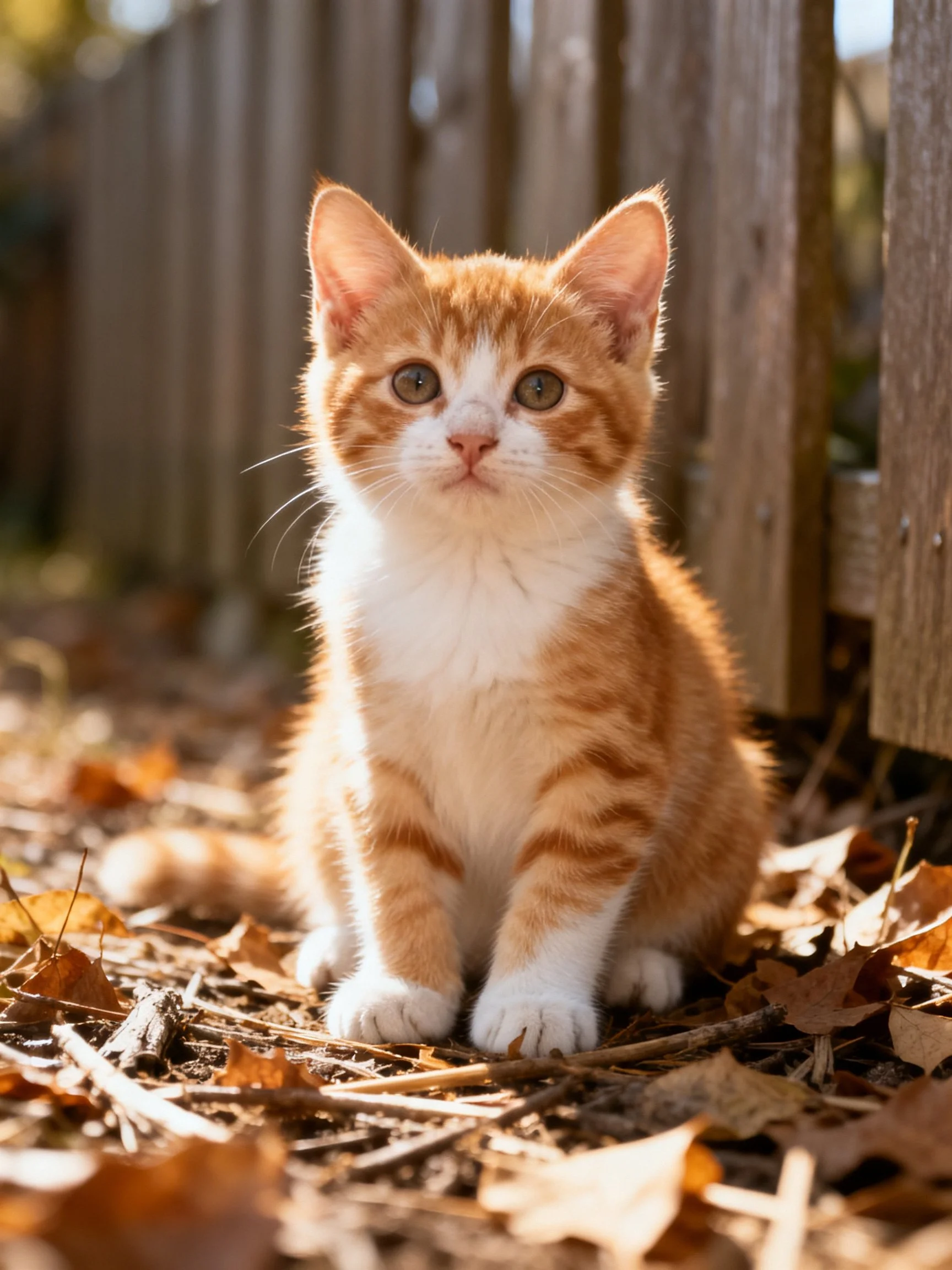 An orange and white kitten sits calmly among fallen leaves next to a wooden fence.