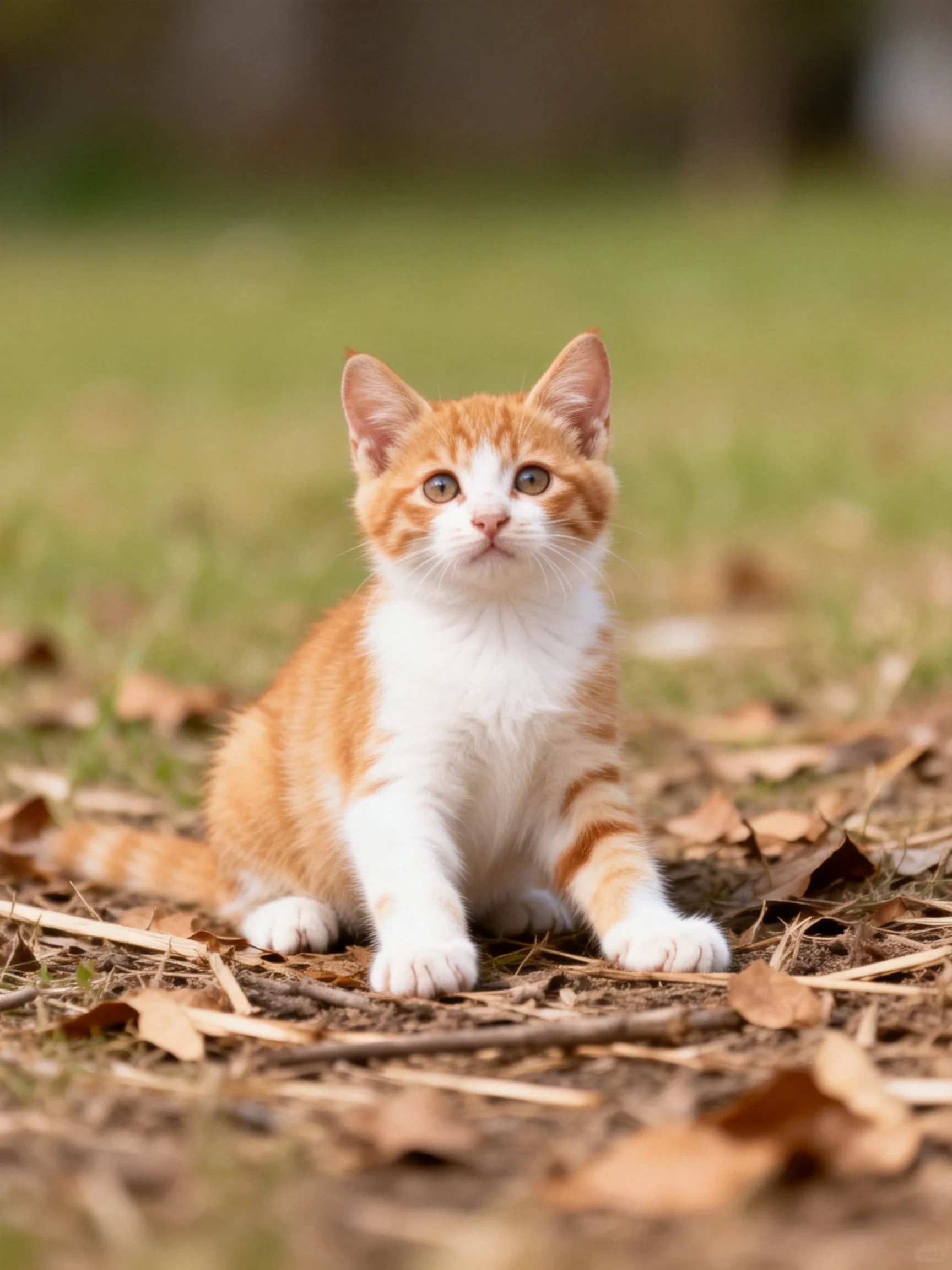 An orange and white kitten rests peacefully among dry leaves and grass outdoors.