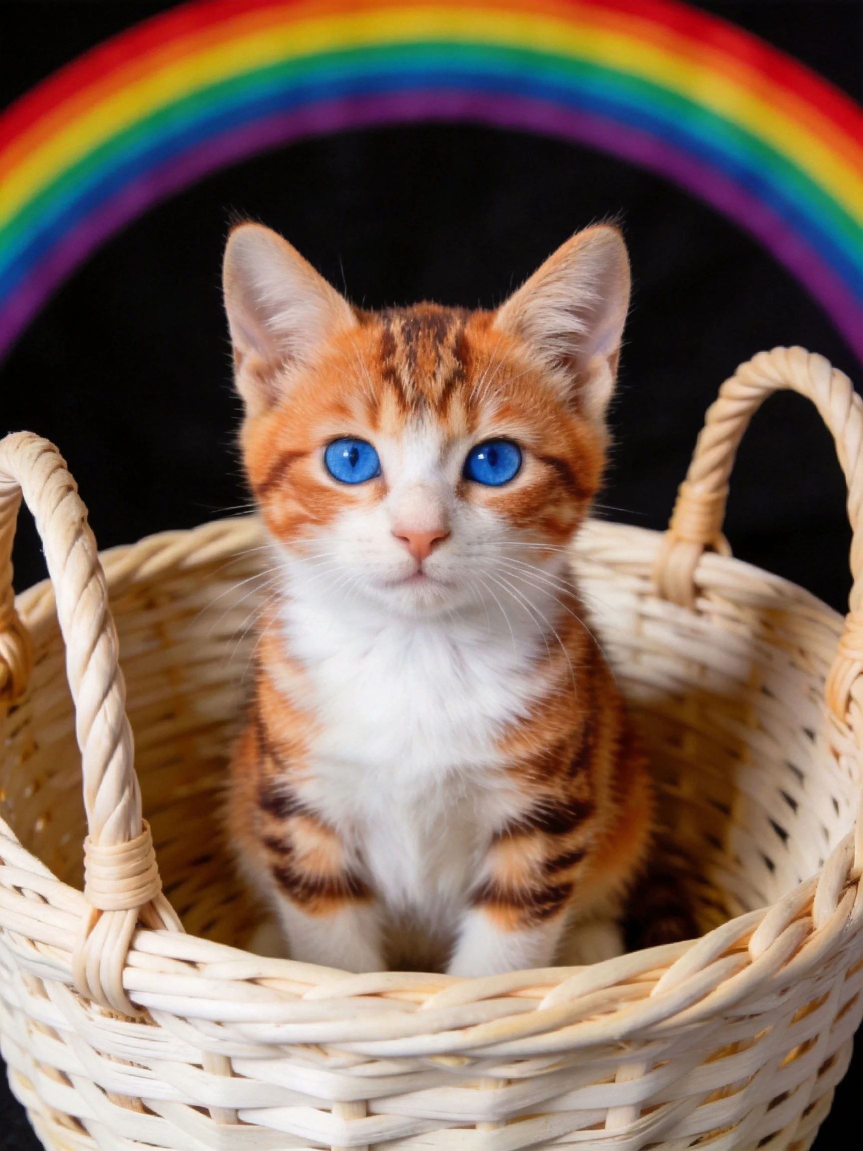 A small orange and white kitten sits in a wicker basket with a rainbow in the background.