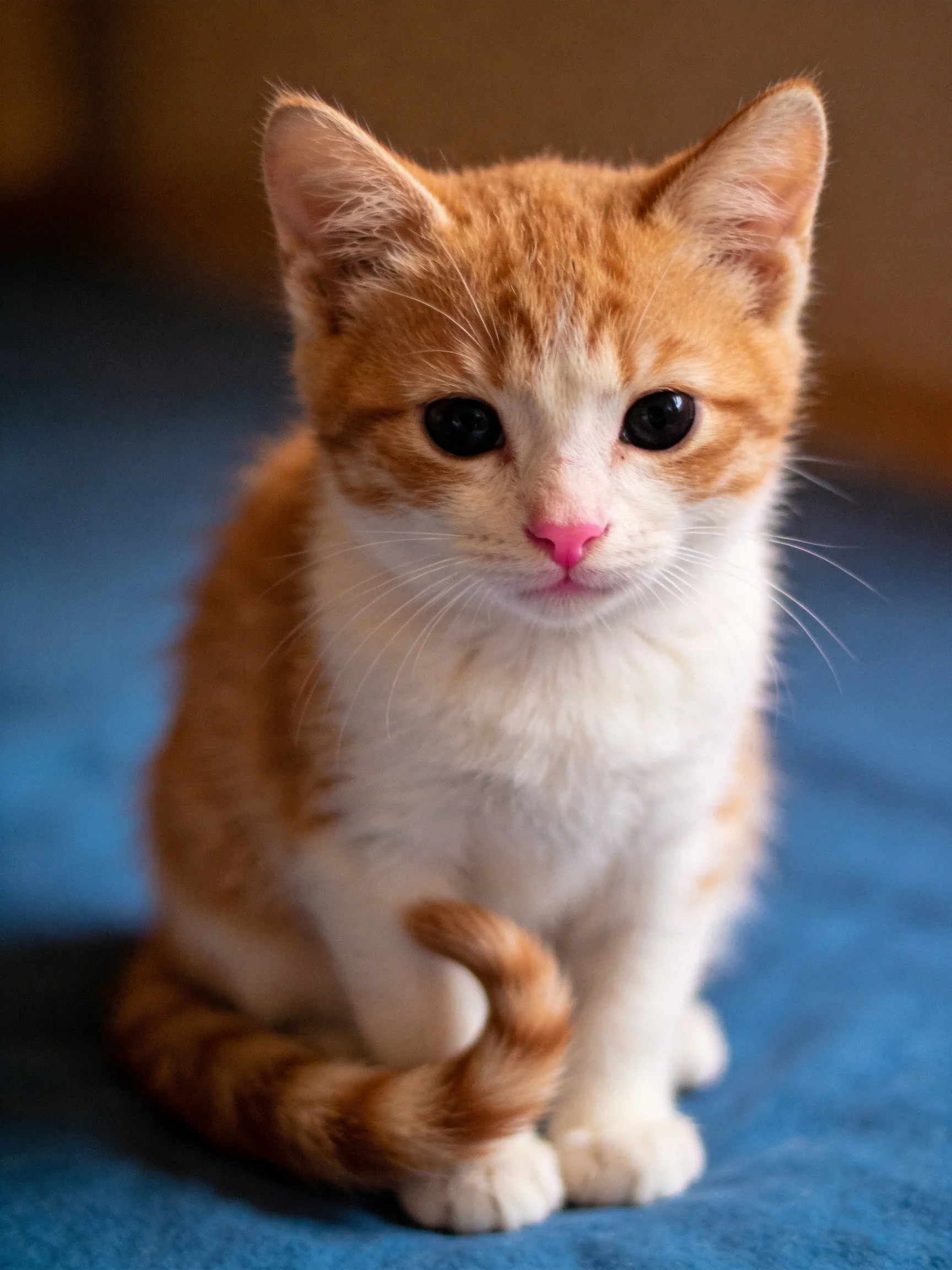 A small orange and white kitten sits on a blue fabric surface