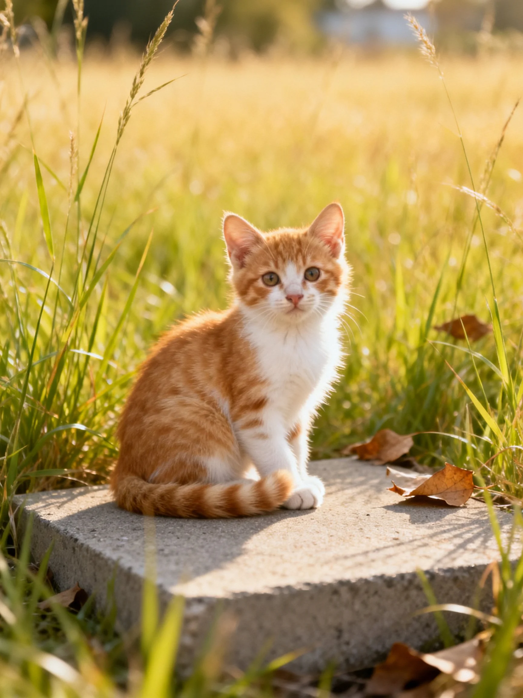 A small orange and white kitten sits on a concrete slab among tall golden grass