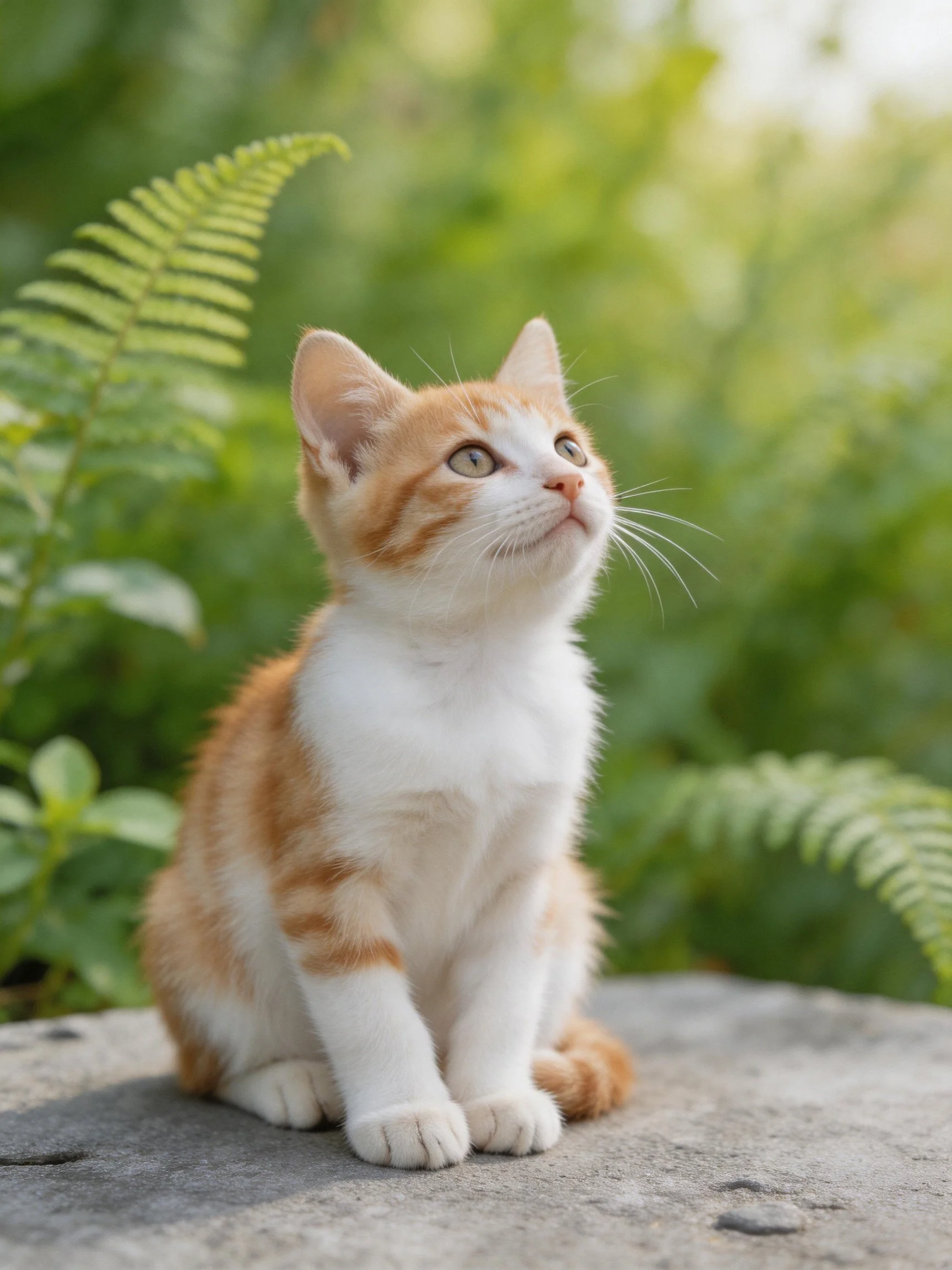 A small orange and white kitten looksupward on a stone near green plants.