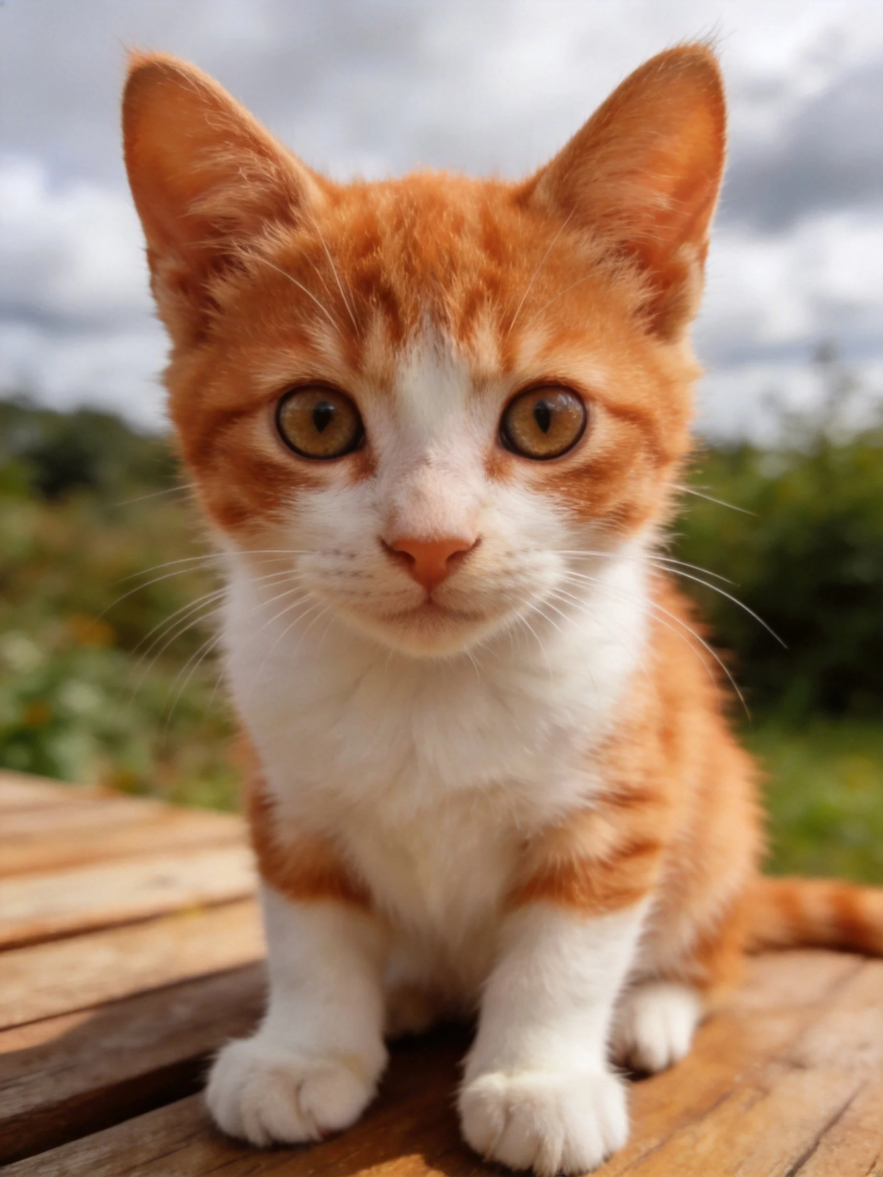 A young orange and white kitten sits calmly on a wooden surface in an outdoor setting.
