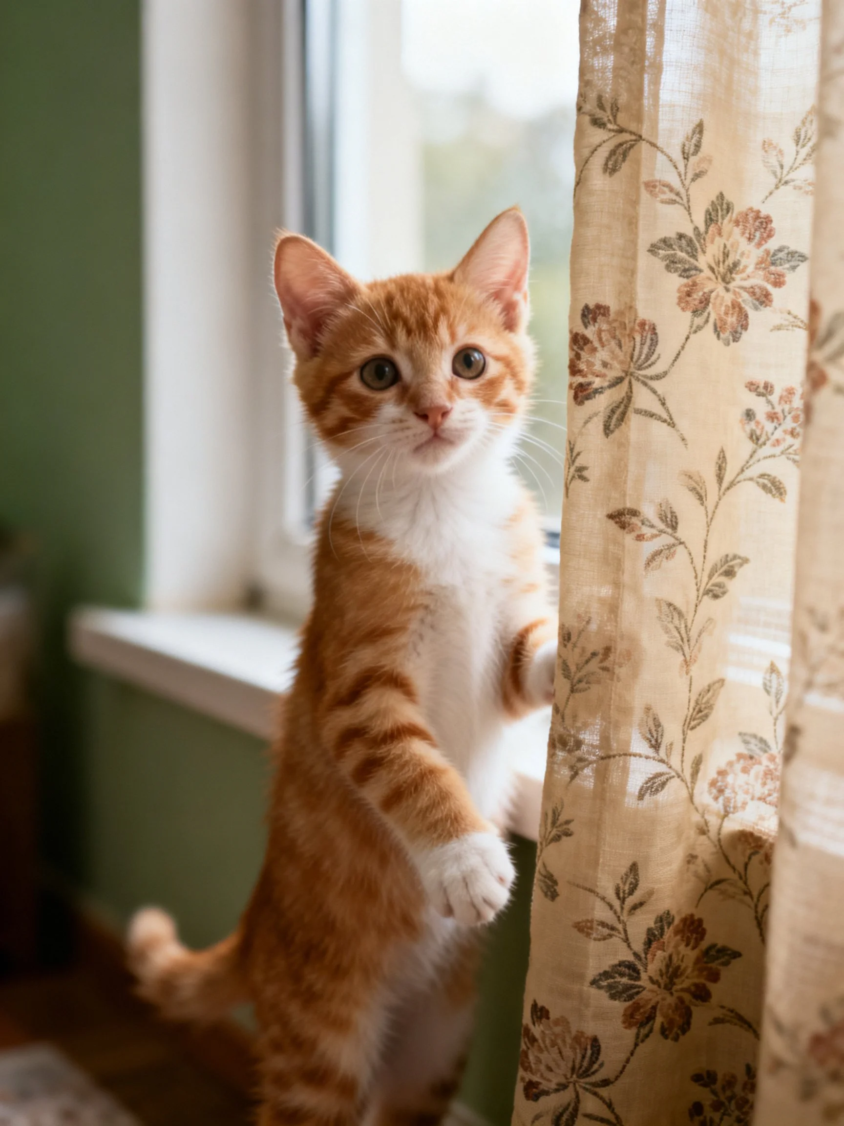 A small orange and white kitten stands by a window next to a floral curtain