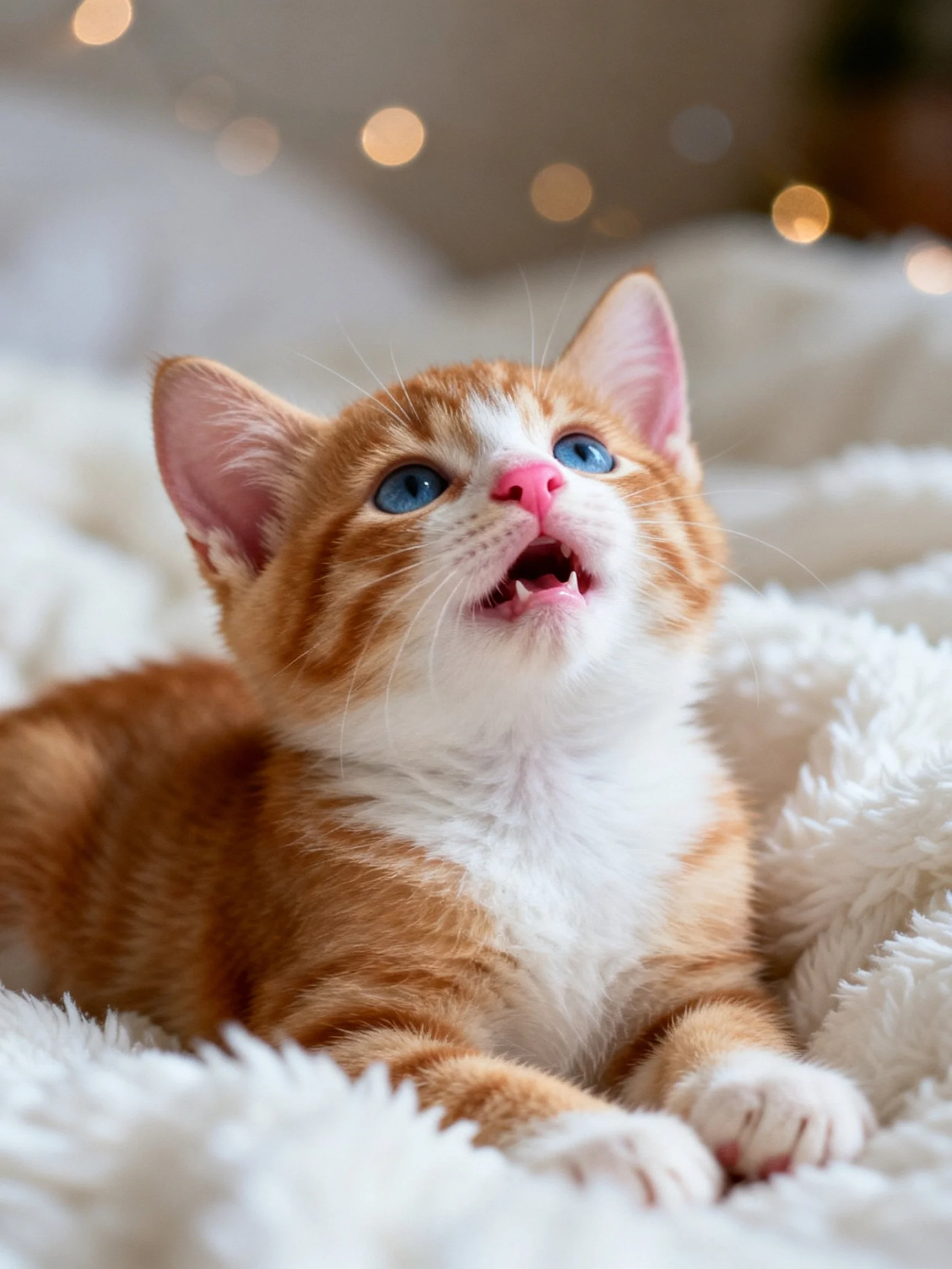 An orange and white kitten with blue eyes relaxes on a soft blanket