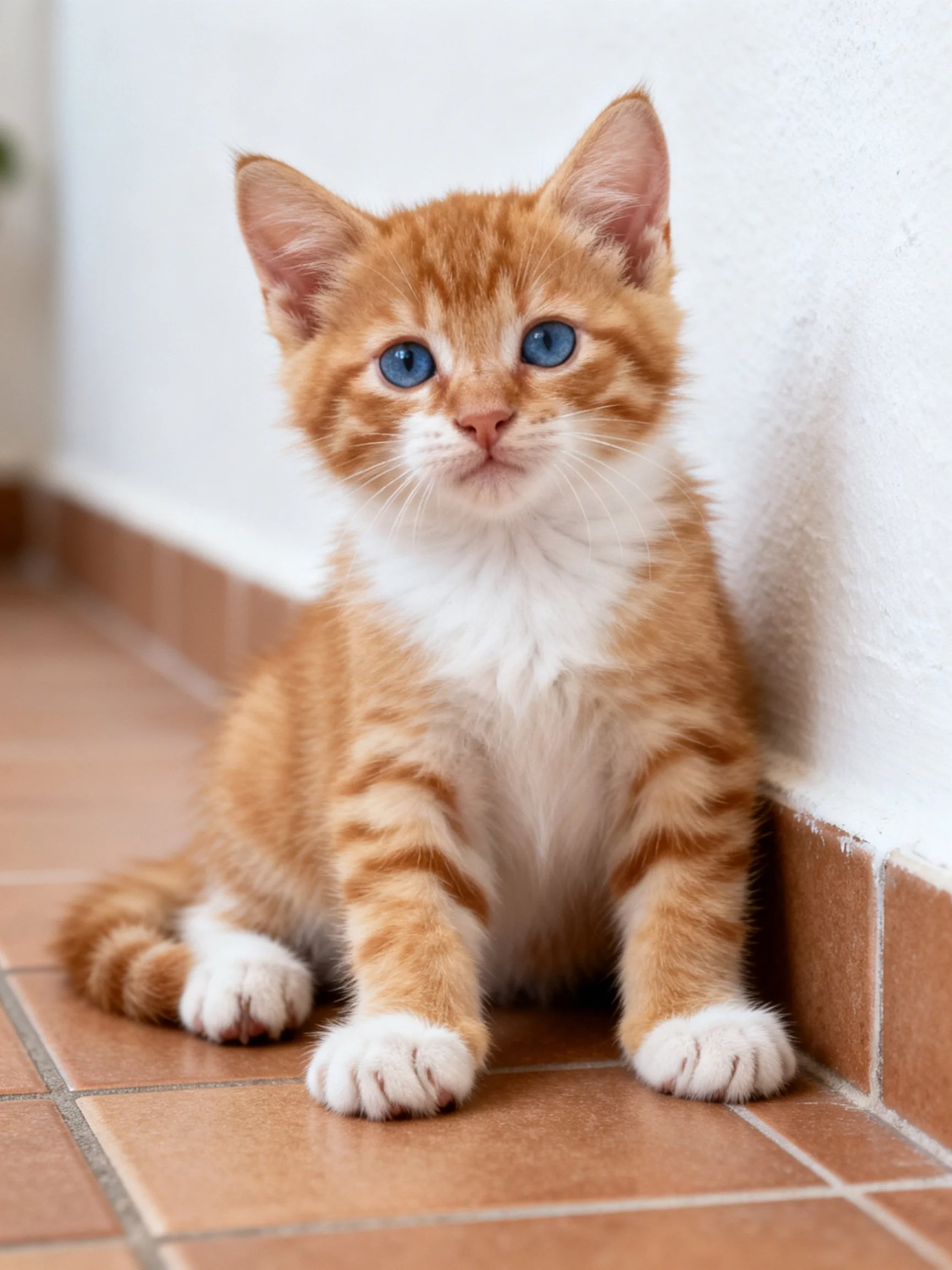 An orange and white kitten with blue eyes sits calmly on terracotta tiles next to a white wall.