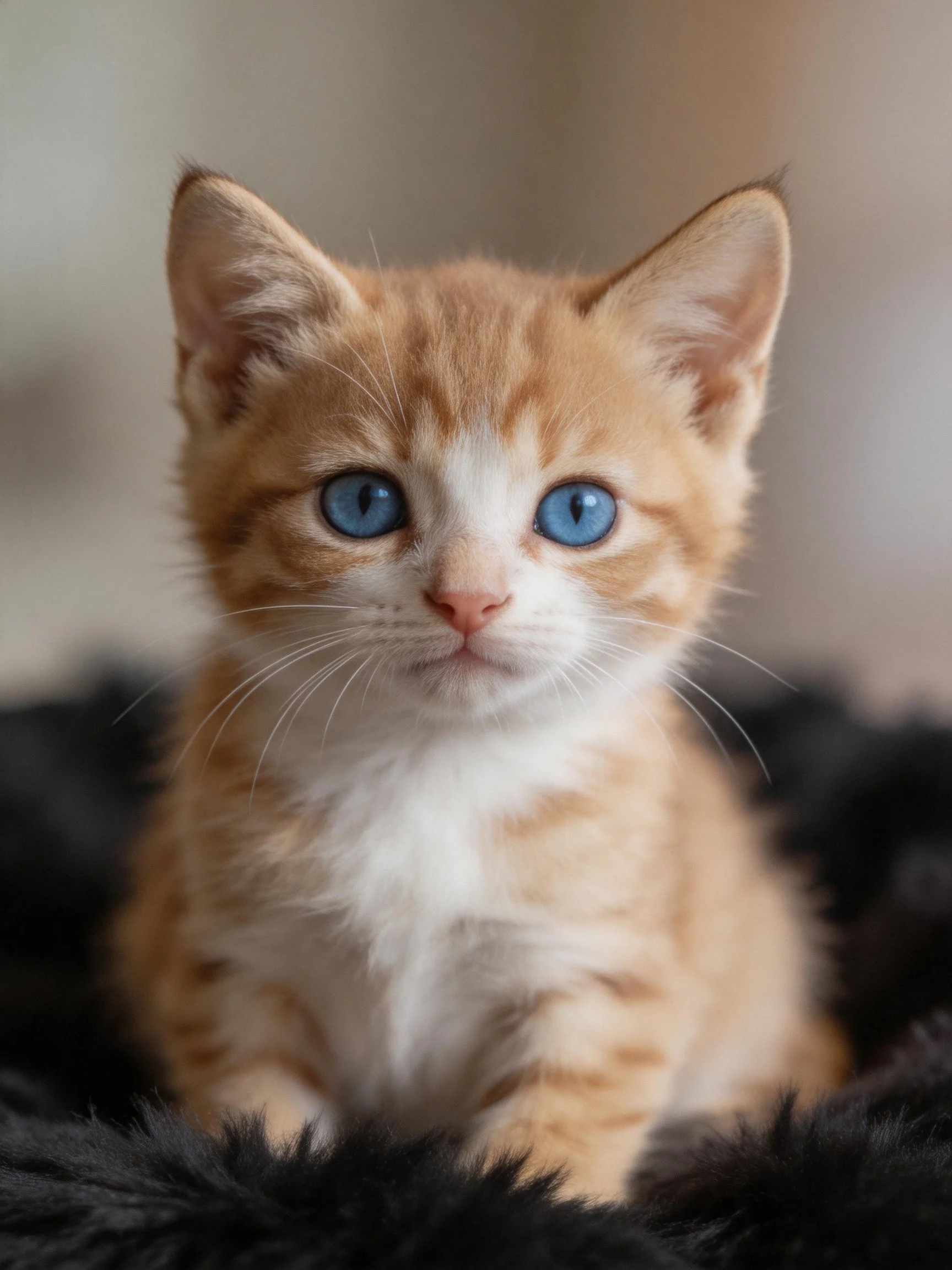 A small orange and white kitten with blue eyes rests upon a dark, plush surface.