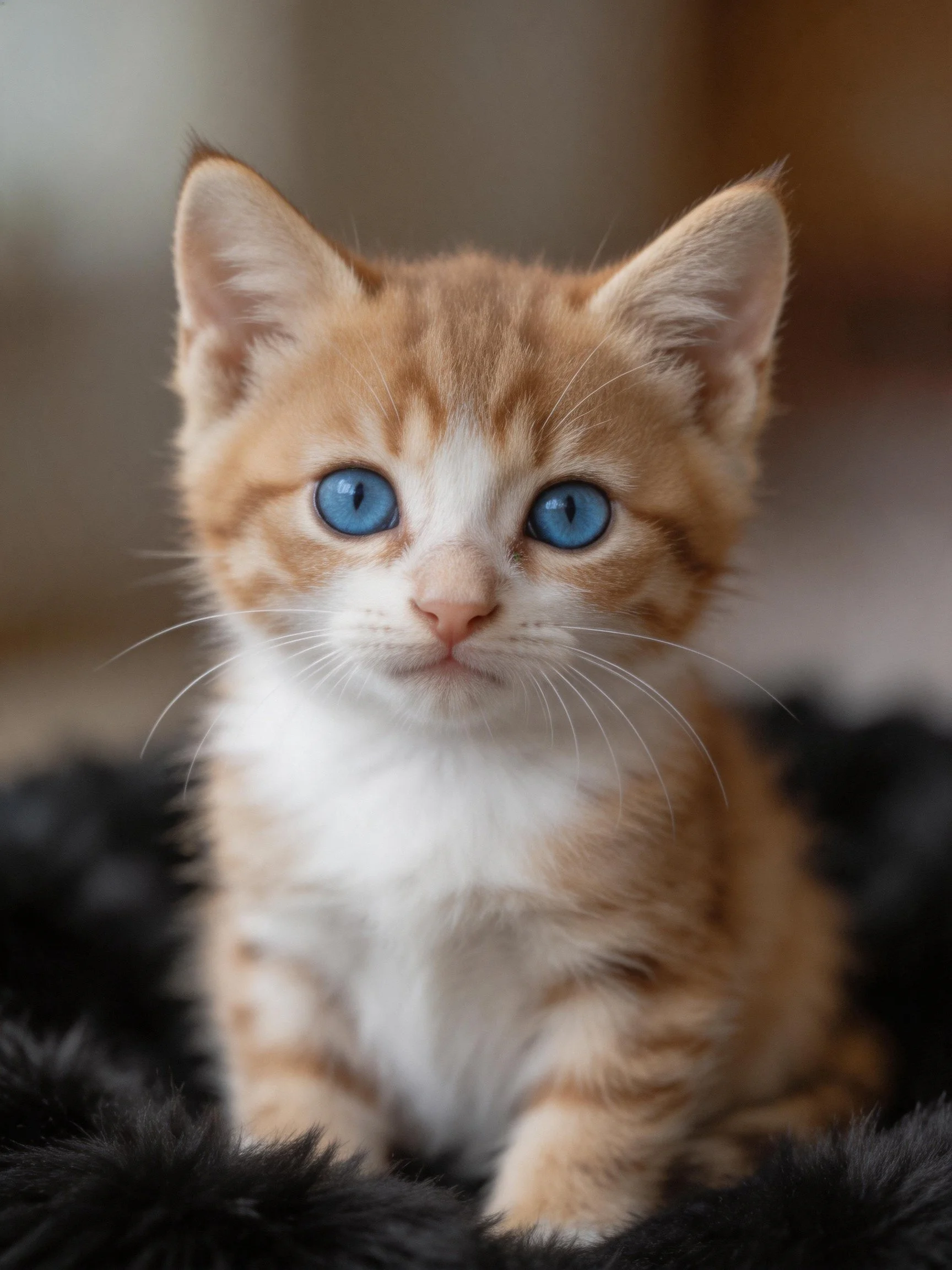 A small orange and white kitten with bright blue eyes sits on a black fuzzy surface