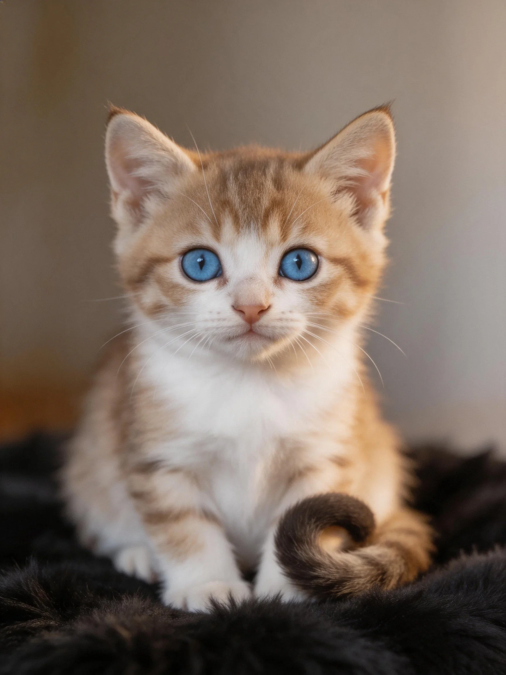 A small kitten with striking blue eyes rests on a contrasting dark surface.