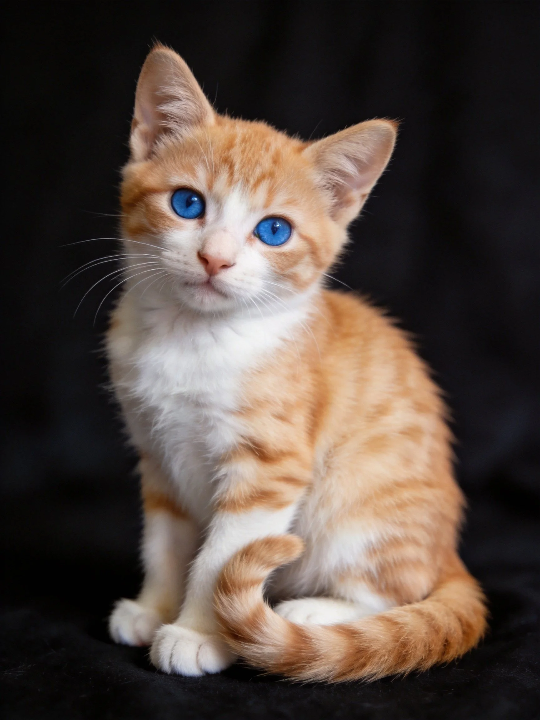 A small orange and white kitten with bright blue eyes sits against a dark backdrop