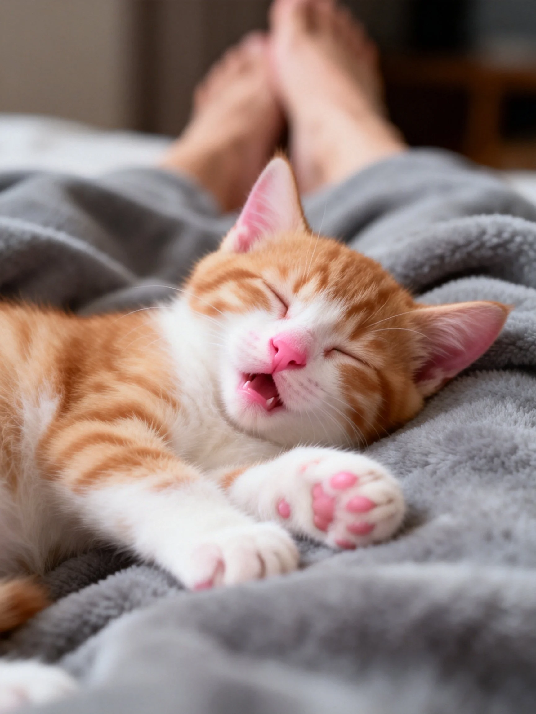 An orange and white kitten rests on a gray blanket with human feet nearby