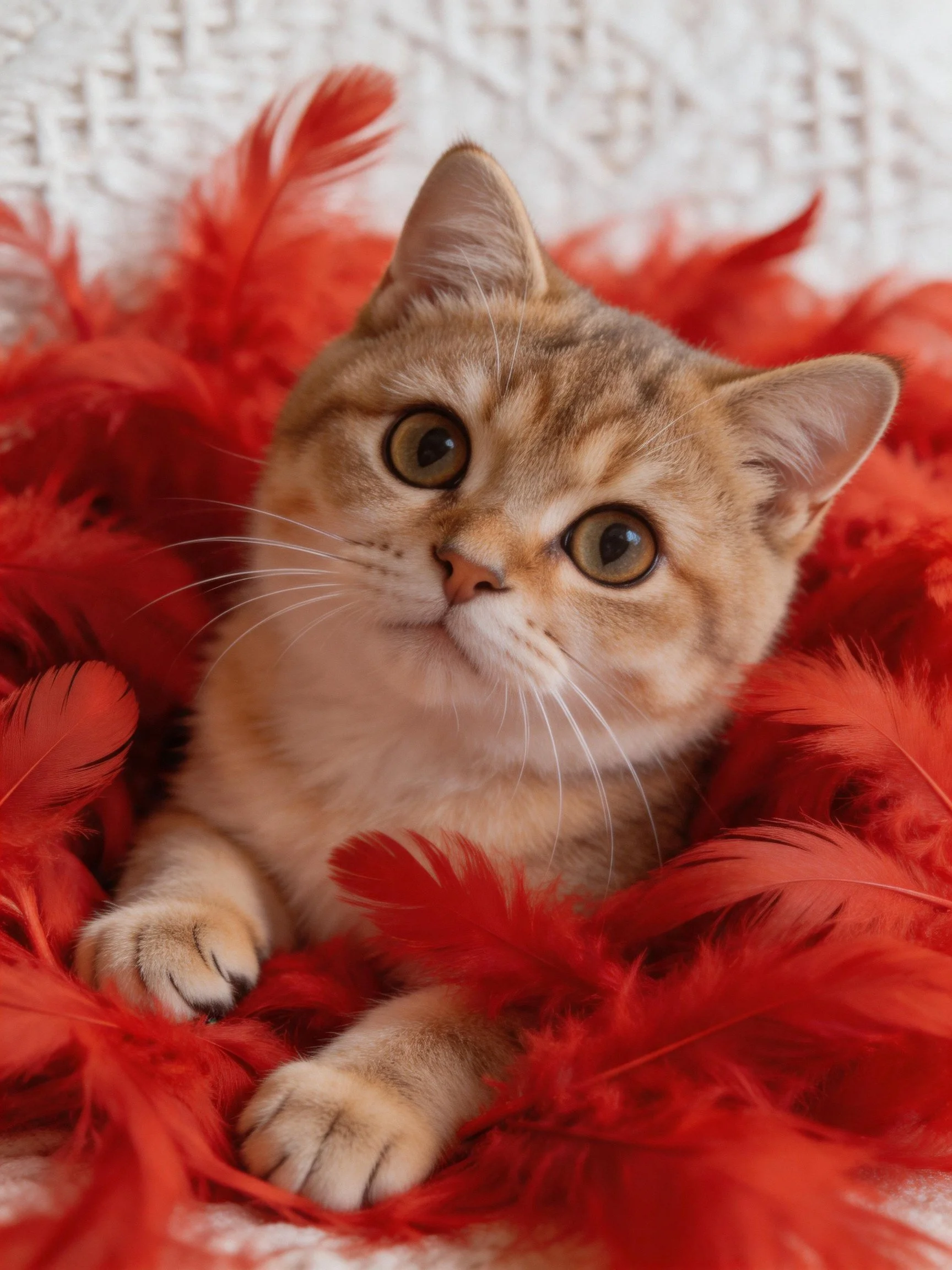 A small orange cat nestled among vibrant red feathers