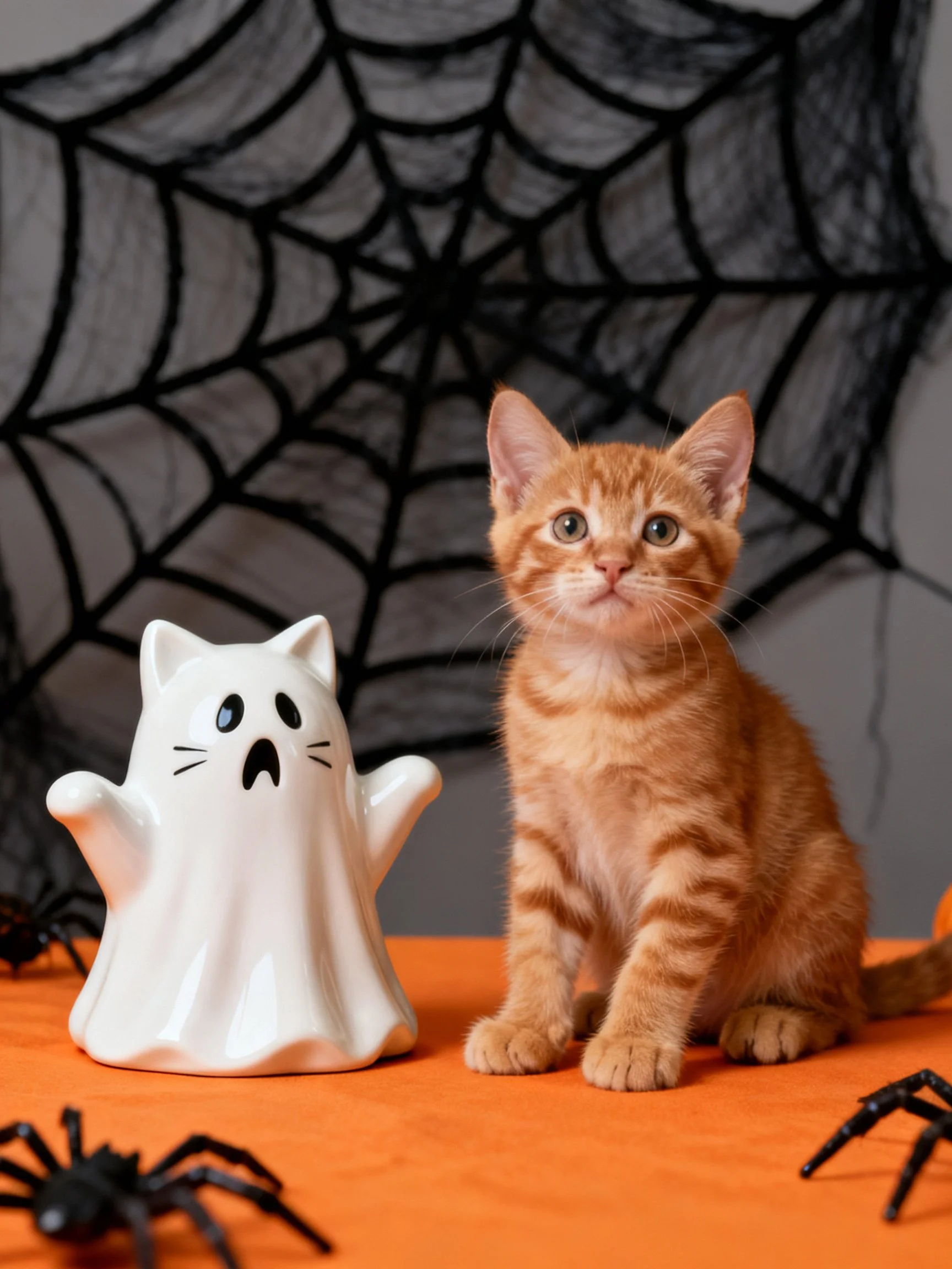 A small orange kitten beside a white ghost figurine with Halloween decorations