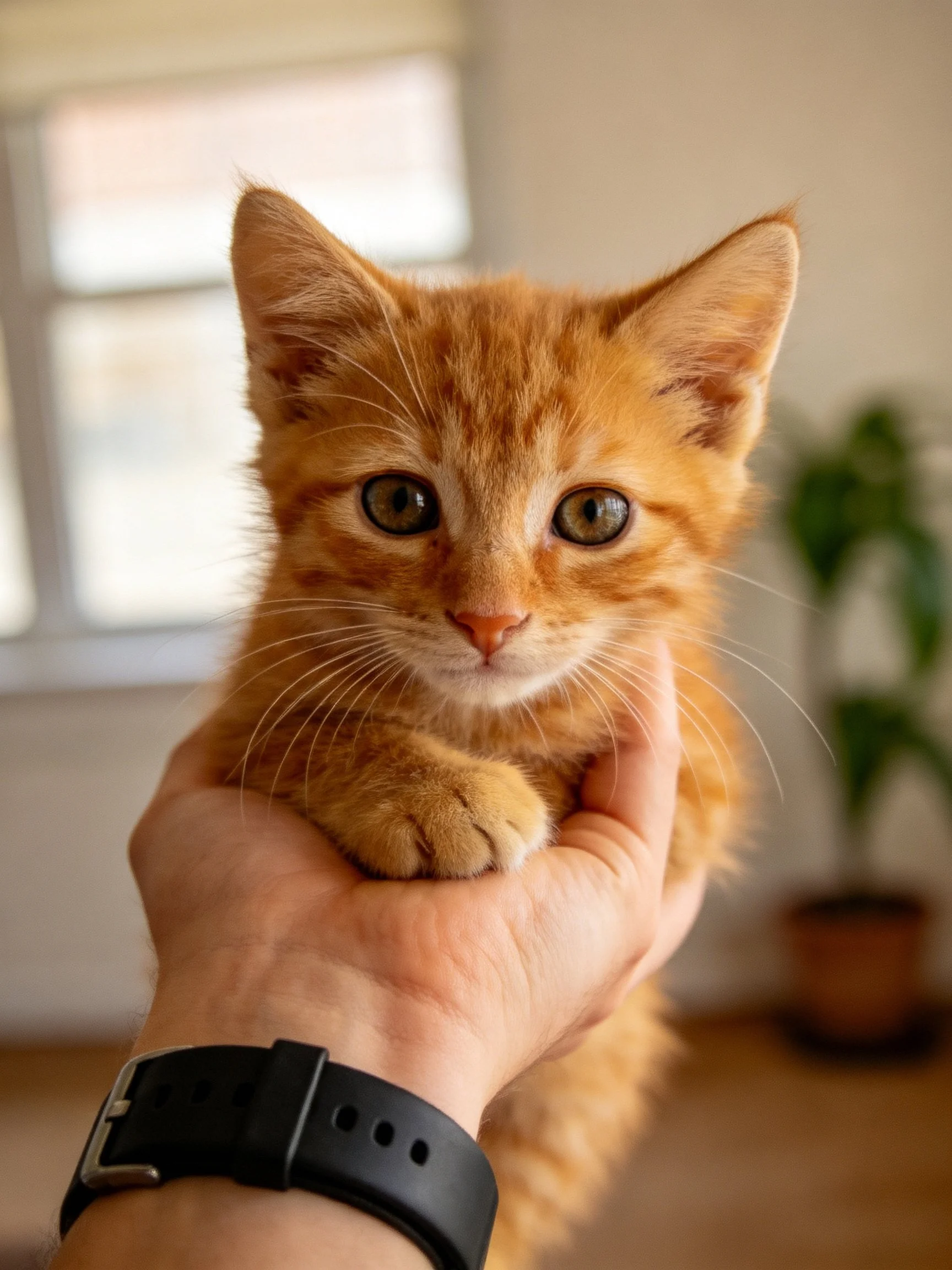 A small orange kitten cradled in a hand near a bright window