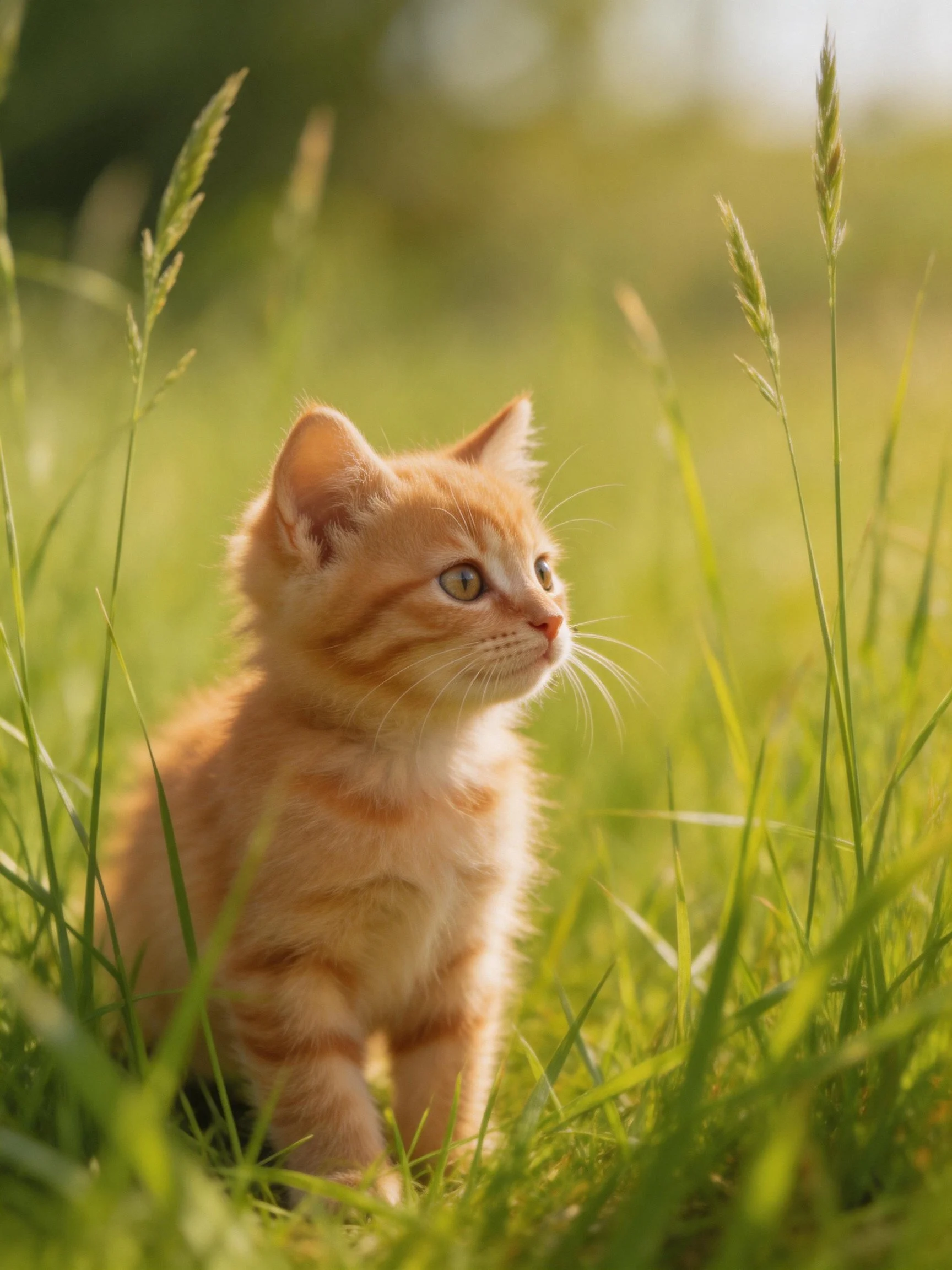 An orange kitten sits among tall grass, looking curiously ahead.